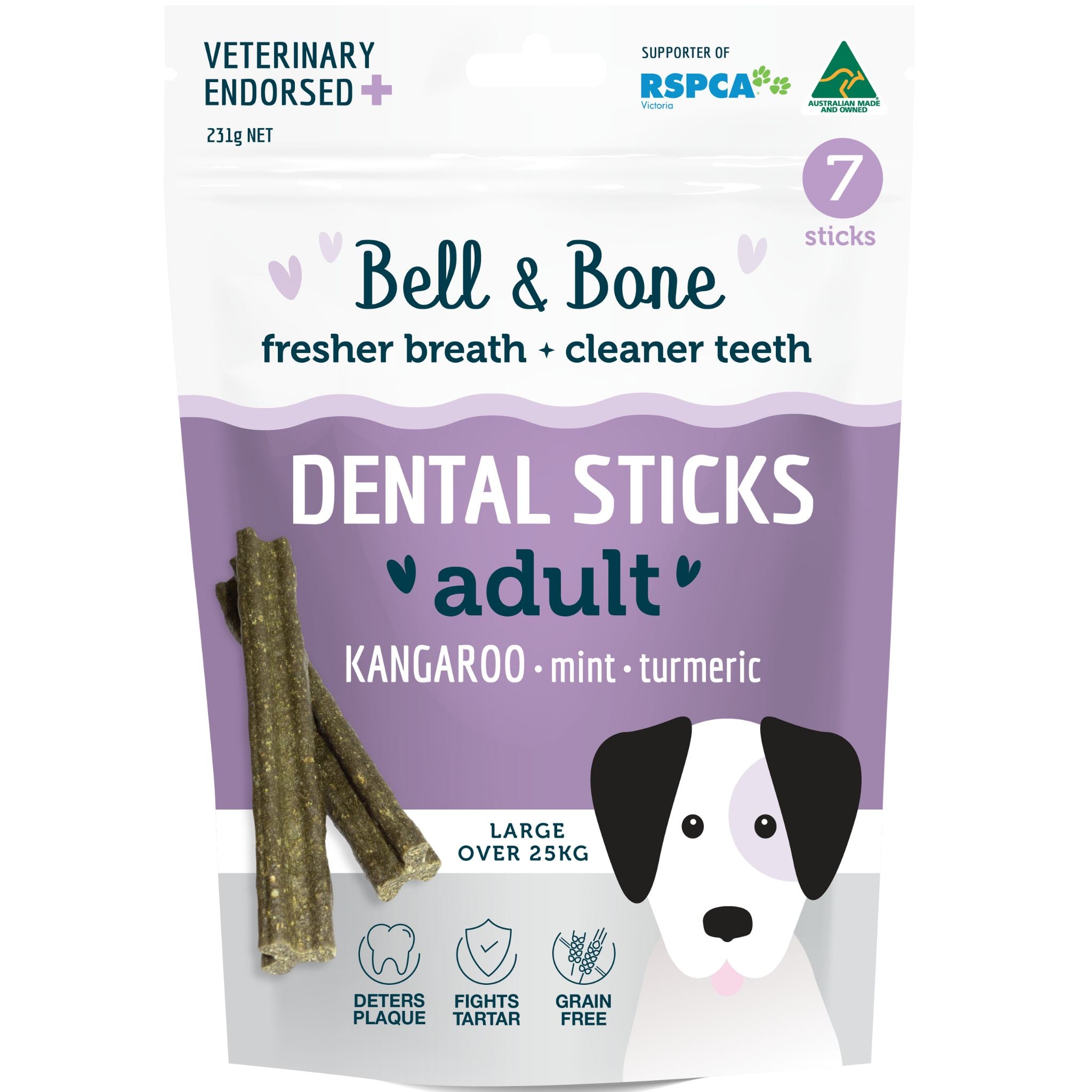 Bell and Bone Dental Sticks for Adult Dogs - Kangaroo, Mint & Turmeric