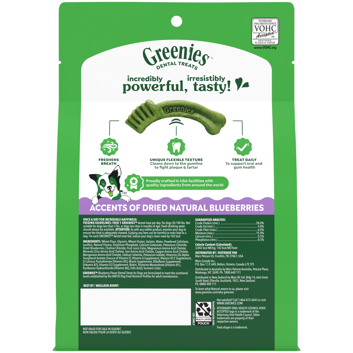 Back of the GREENIES Blueberry Flavour Large dental treat pack