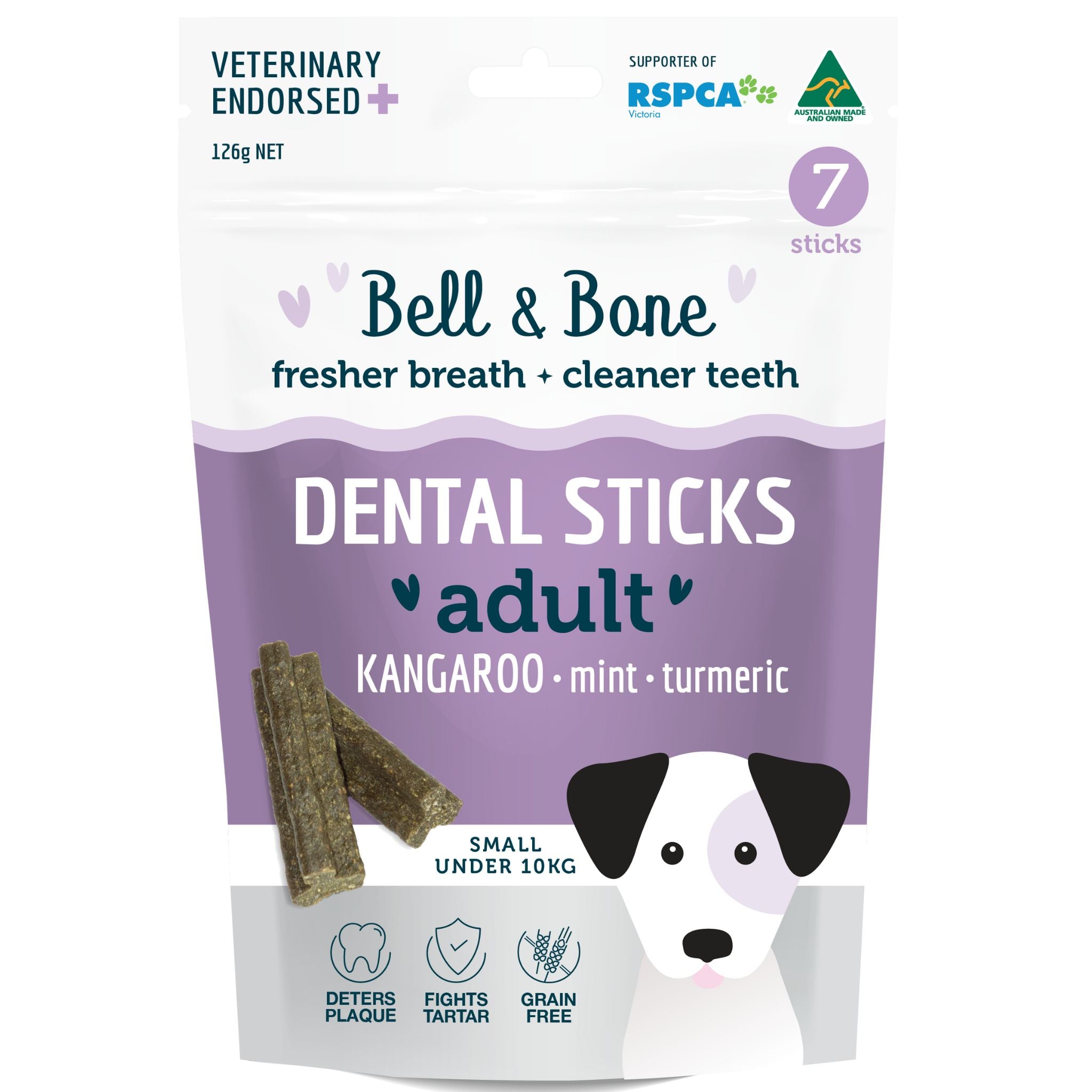Bell and Bone Dental Sticks for Adult Dogs - Kangaroo, Mint & Turmeric