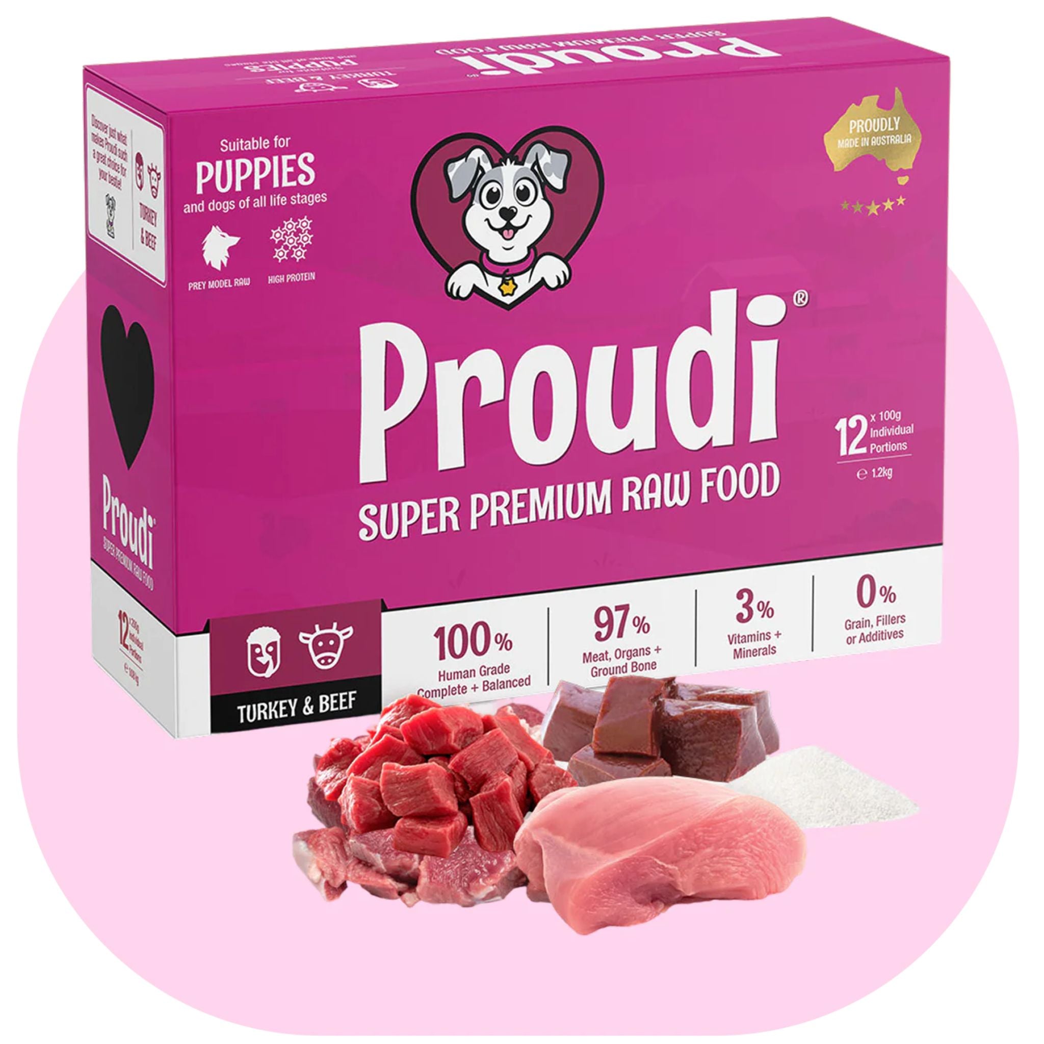 Proudi Turkey and Beef Raw Patties for Puppies