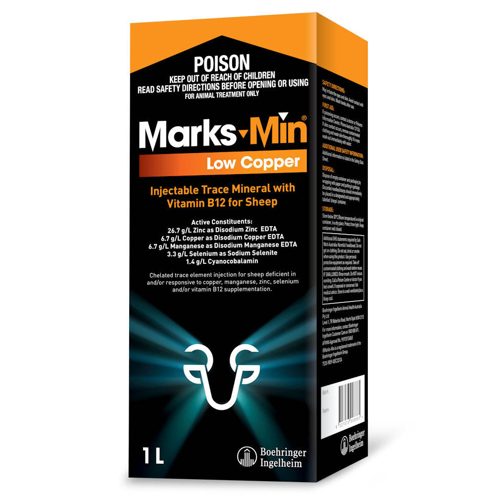 Marks-Min Low Copper Injectable Trace Mineral with B12 for Sheep 1 L bottle, front label
