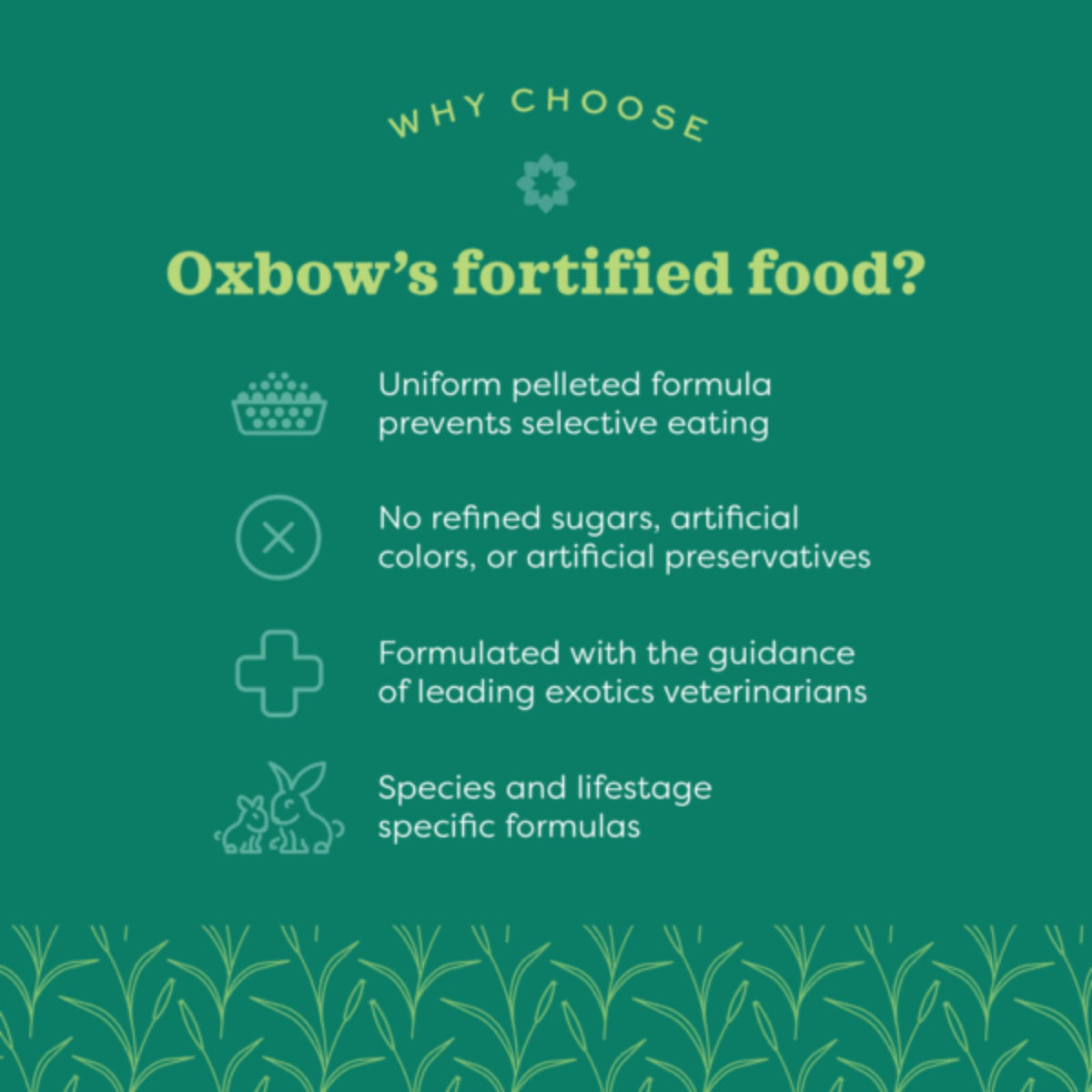 Oxbow brand graphic listing why to choose Oxbow fortified food