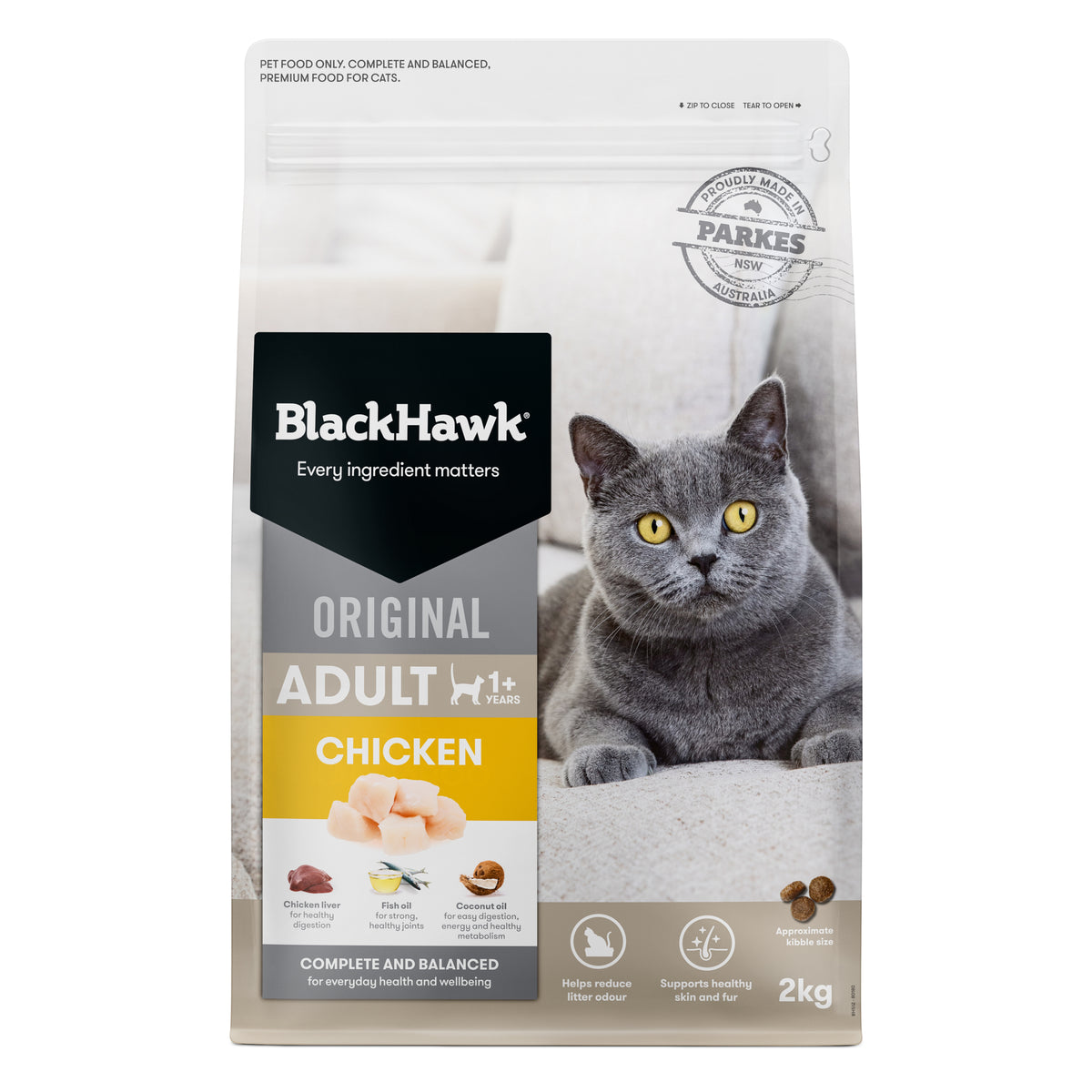 Black Hawk Original Adult Chicken dry cat food, 2kg bag – front of pack