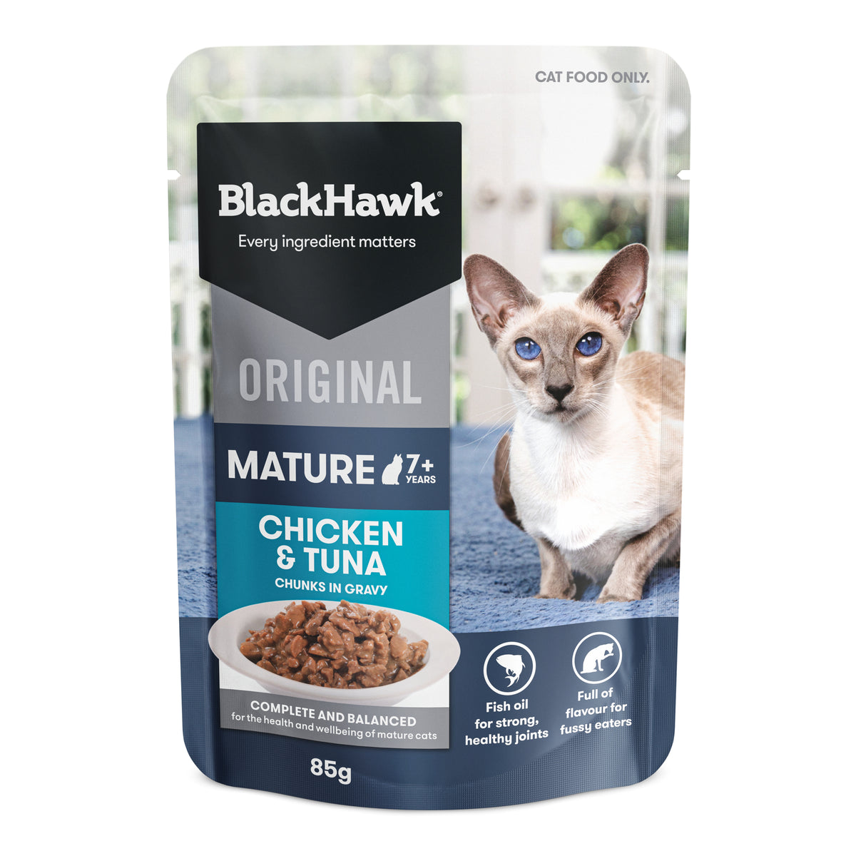 Black Hawk Original Mature 7+ Chicken & Tuna in gravy cat food, 85g pouch – front