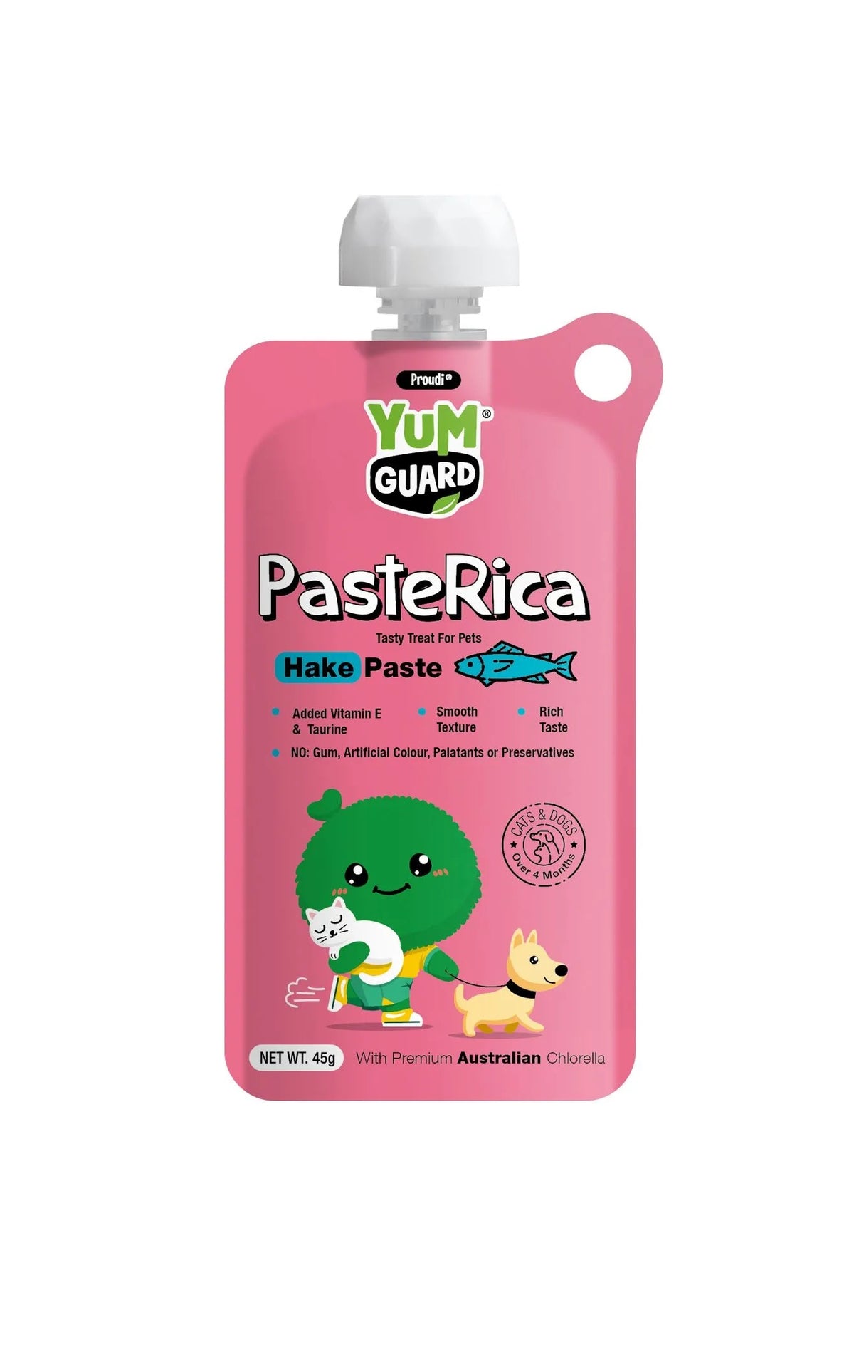 YumGuard Paste Rica Hake for dogs and cats, 45g pouch – front of pack