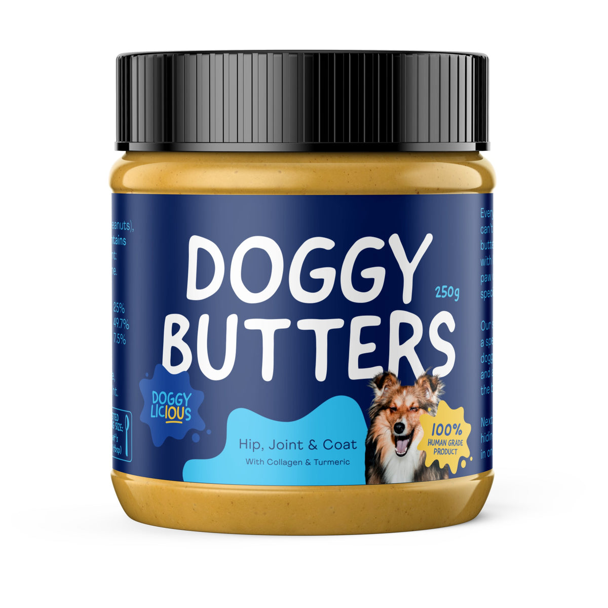 Doggylicious Doggy Butters Hip, Joint & Coat peanut butter for dogs, 250g jar – front