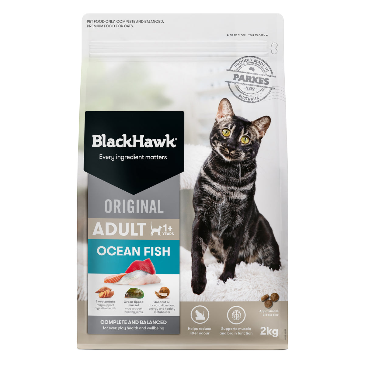 Black Hawk Original Adult Ocean Fish dry cat food, 2kg bag – front of pack