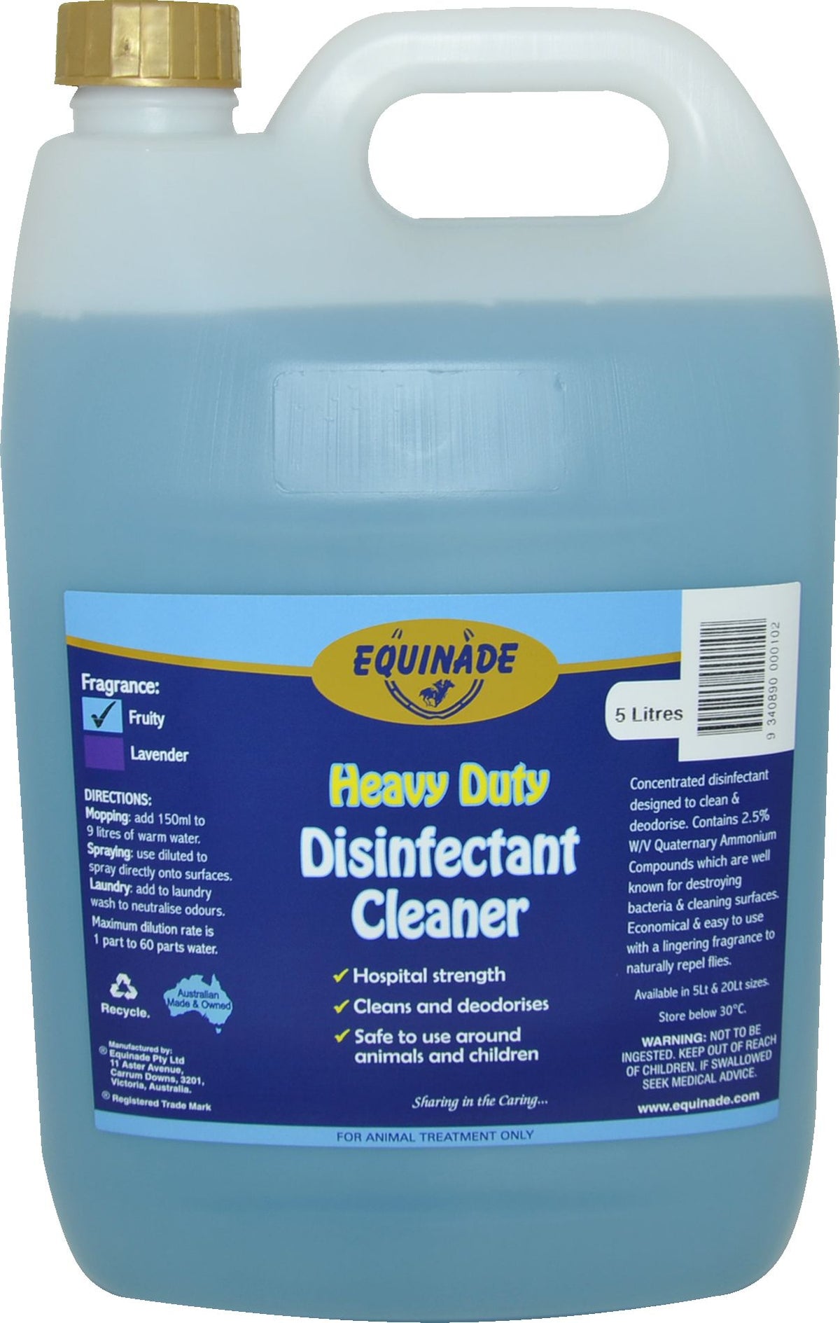 Equinade Heavy Duty Disinfectant Cleaner in fruity fragrance, 5 litre can of blue liquid