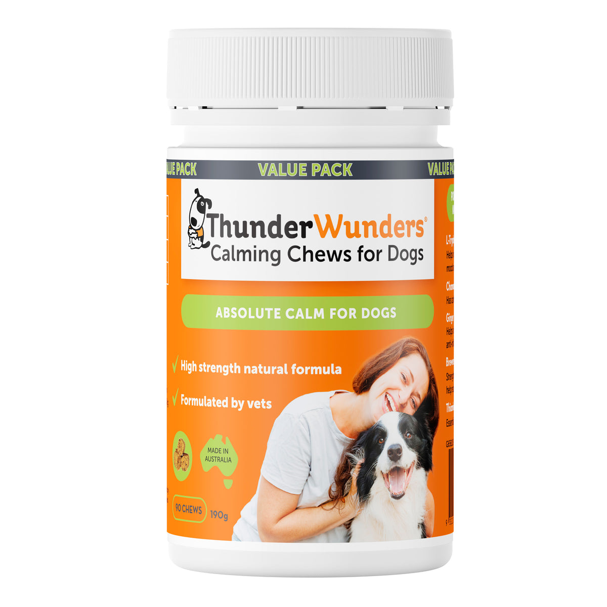 ThunderWunders Calming Chews for Dogs value pack tub, front label with a woman hugging her dog