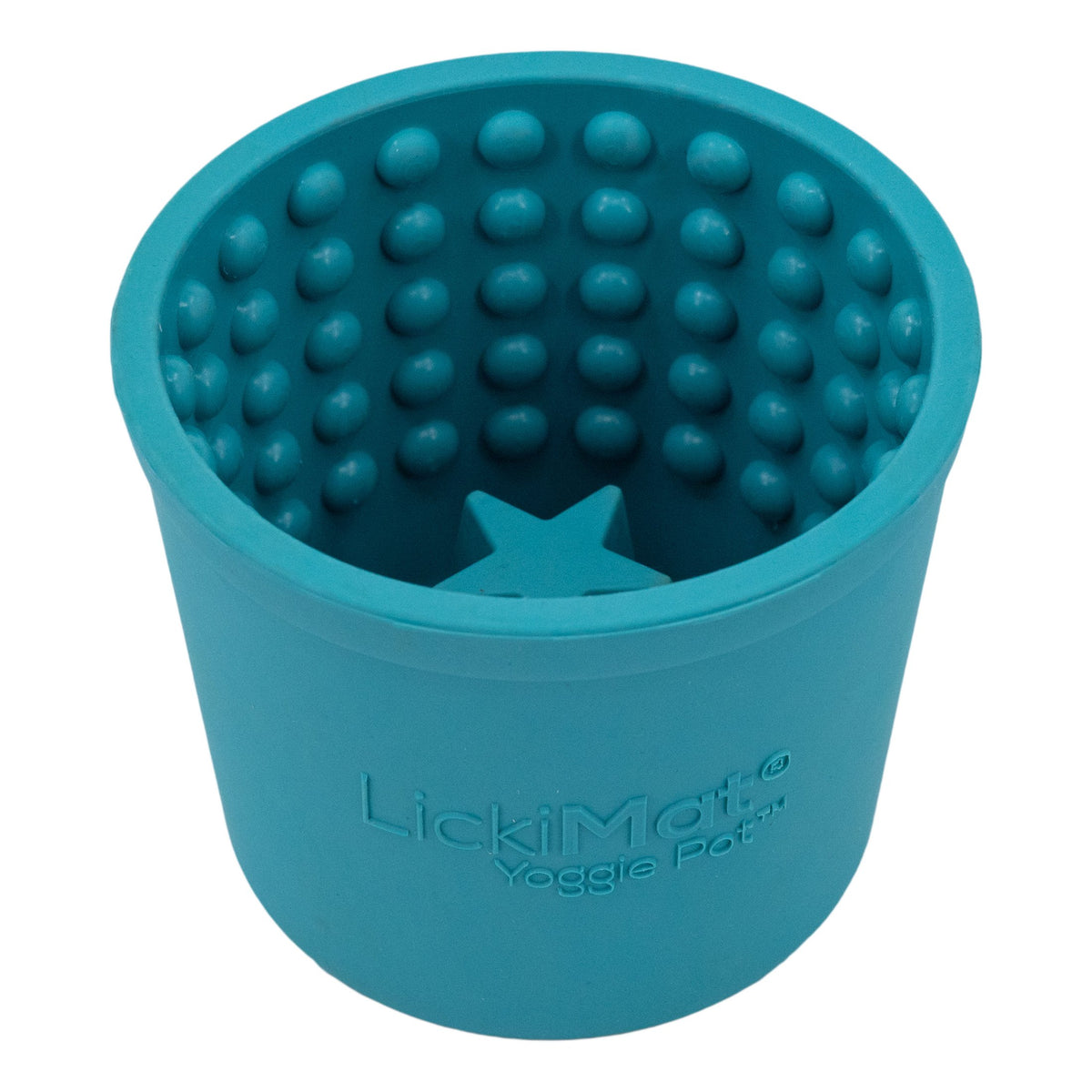 Turquoise LickiMat Yoggie Pot, nubbed inner wall with a raised star in the base