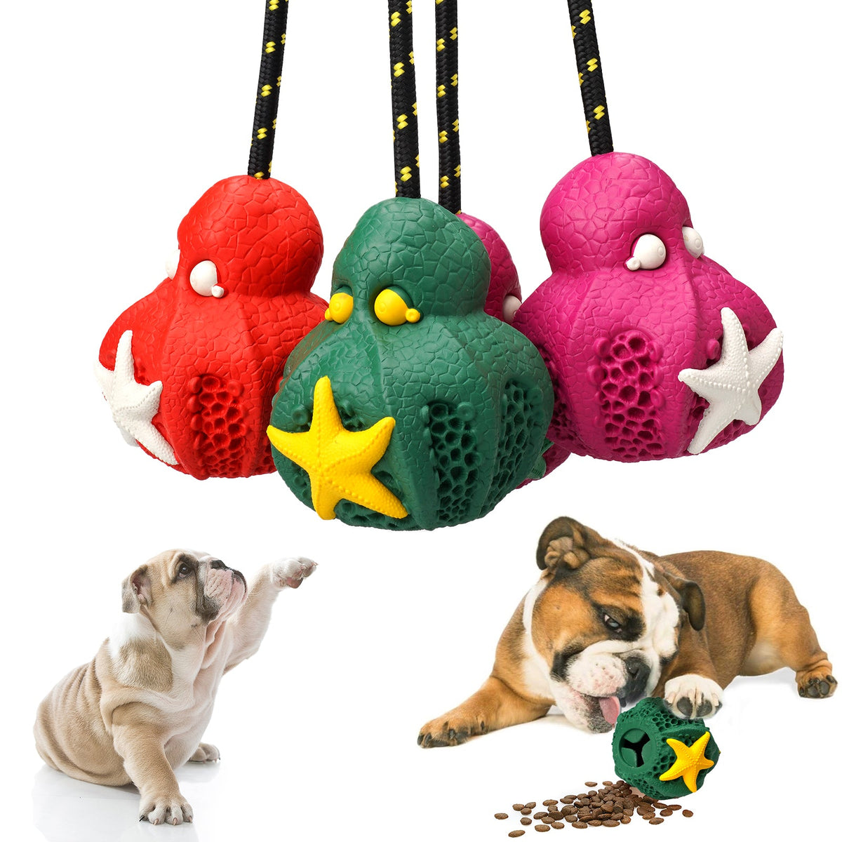 Petopia Reef Octopus rope toys in red, green and pink with puppies playing