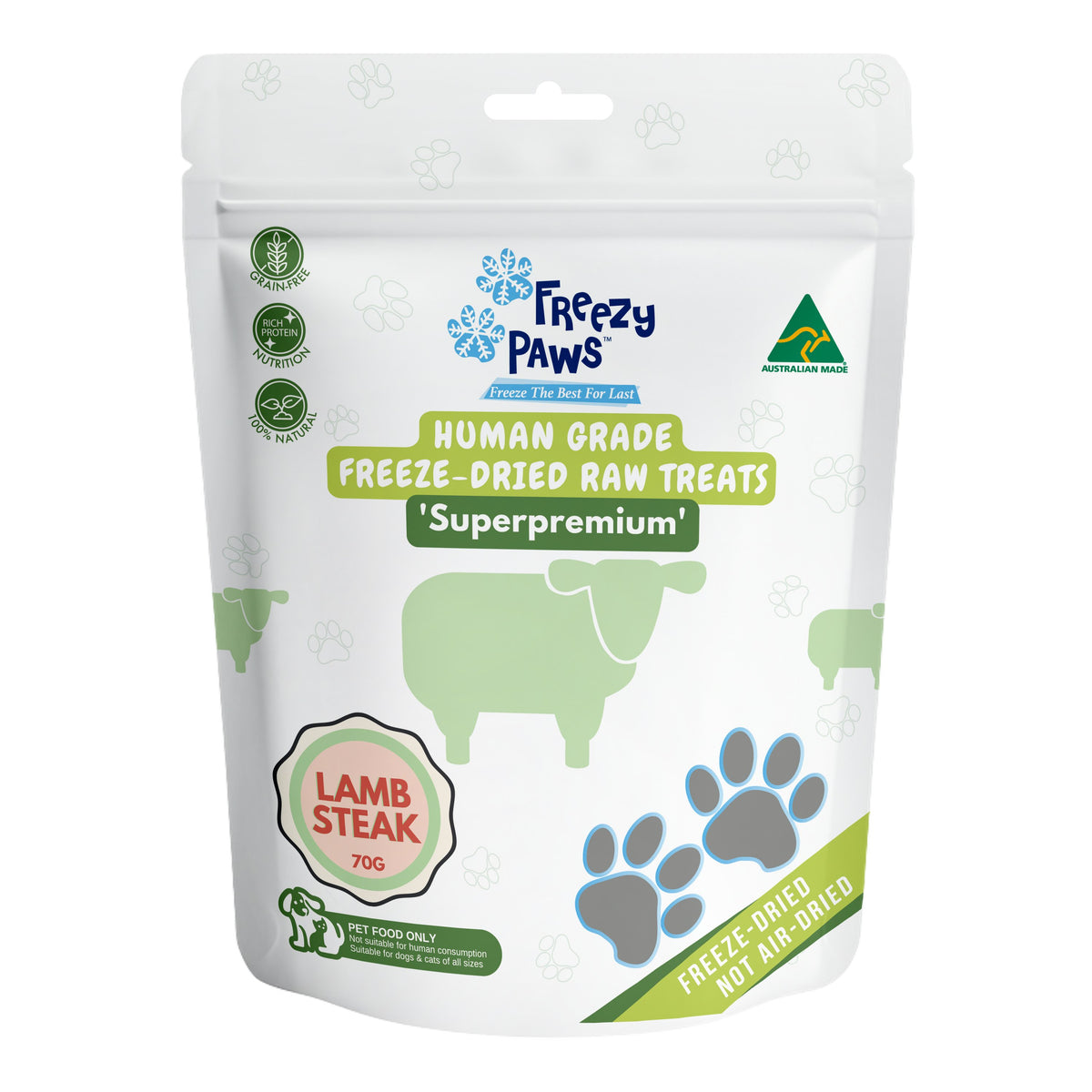 Freezy Paws Freeze Dried Raw Lamb Steak 70g – front of pack