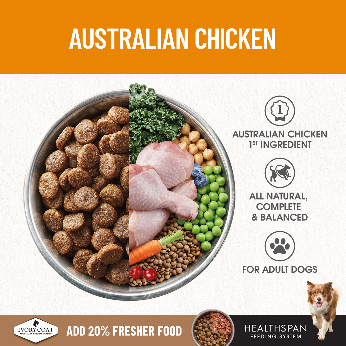 Ivory Coat Australian chicken as the first ingredient, shown with kibble and vegetables