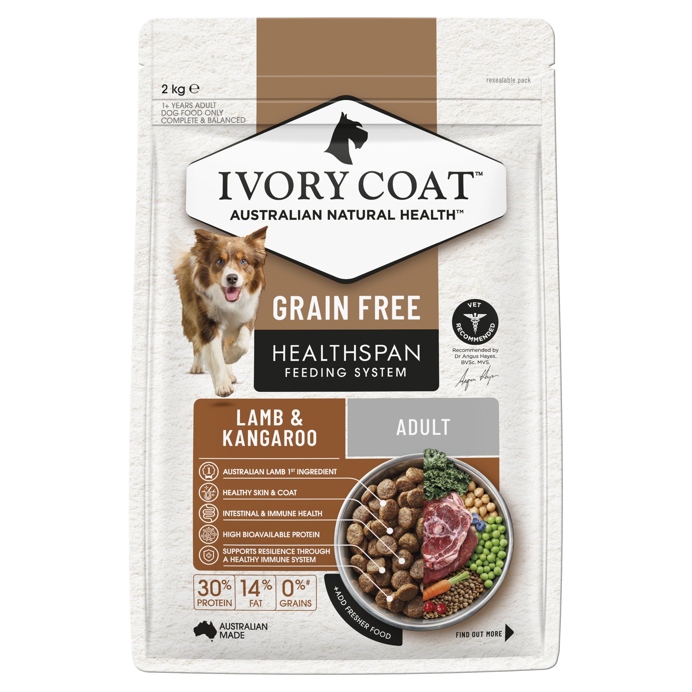 Ivory Coat Grain Free Adult All Breeds Dry Dog Food Lamb & Kangaroo front of pack