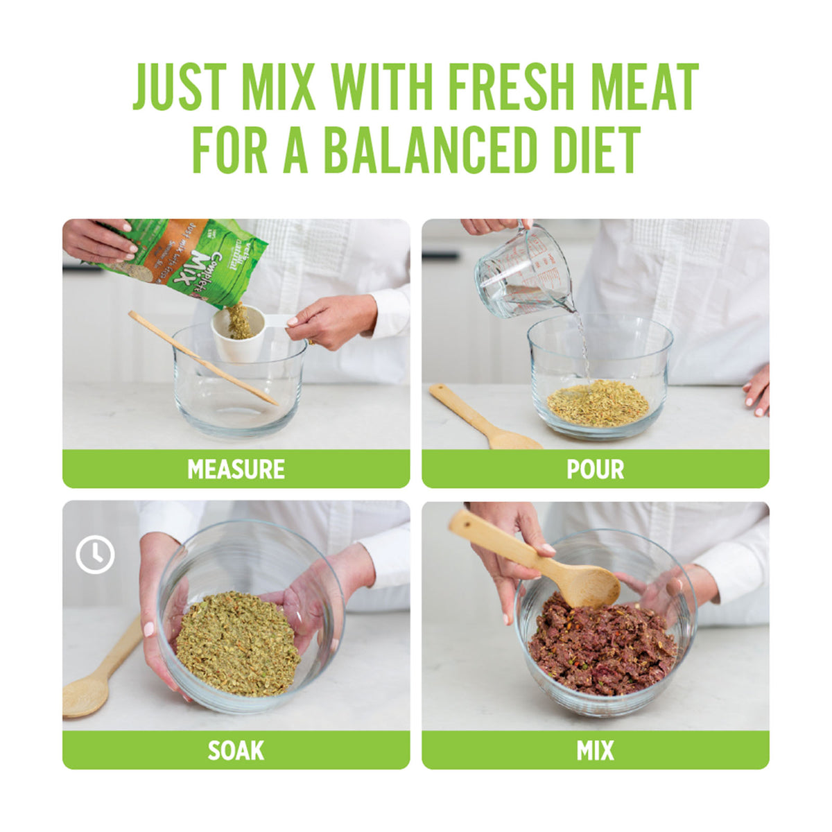 Vets All Natural Complete Mix Sensitive Skin – how to prepare: measure, pour, soak, mix with fresh meat