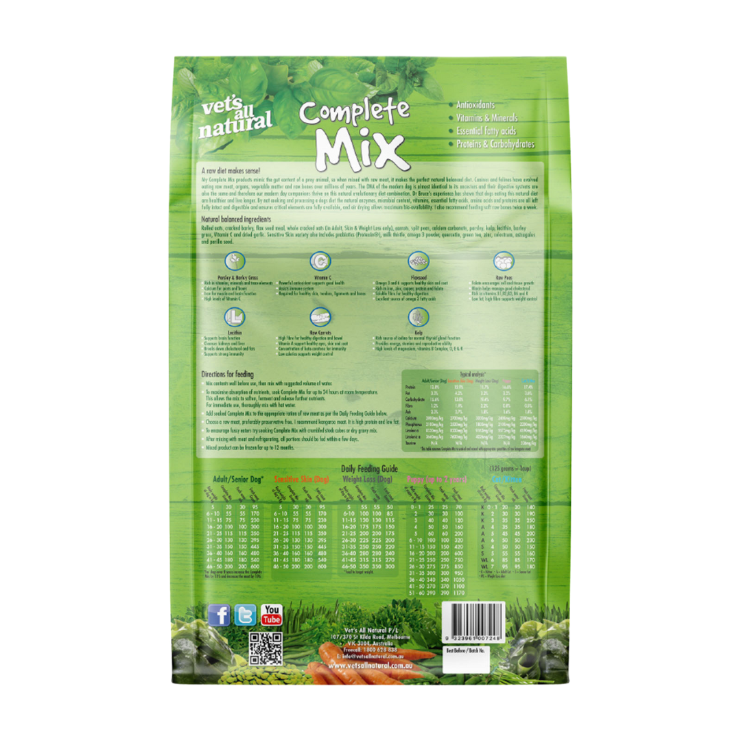Vets All Natural Complete Mix for Puppies – back of bag with feeding guide and analysis