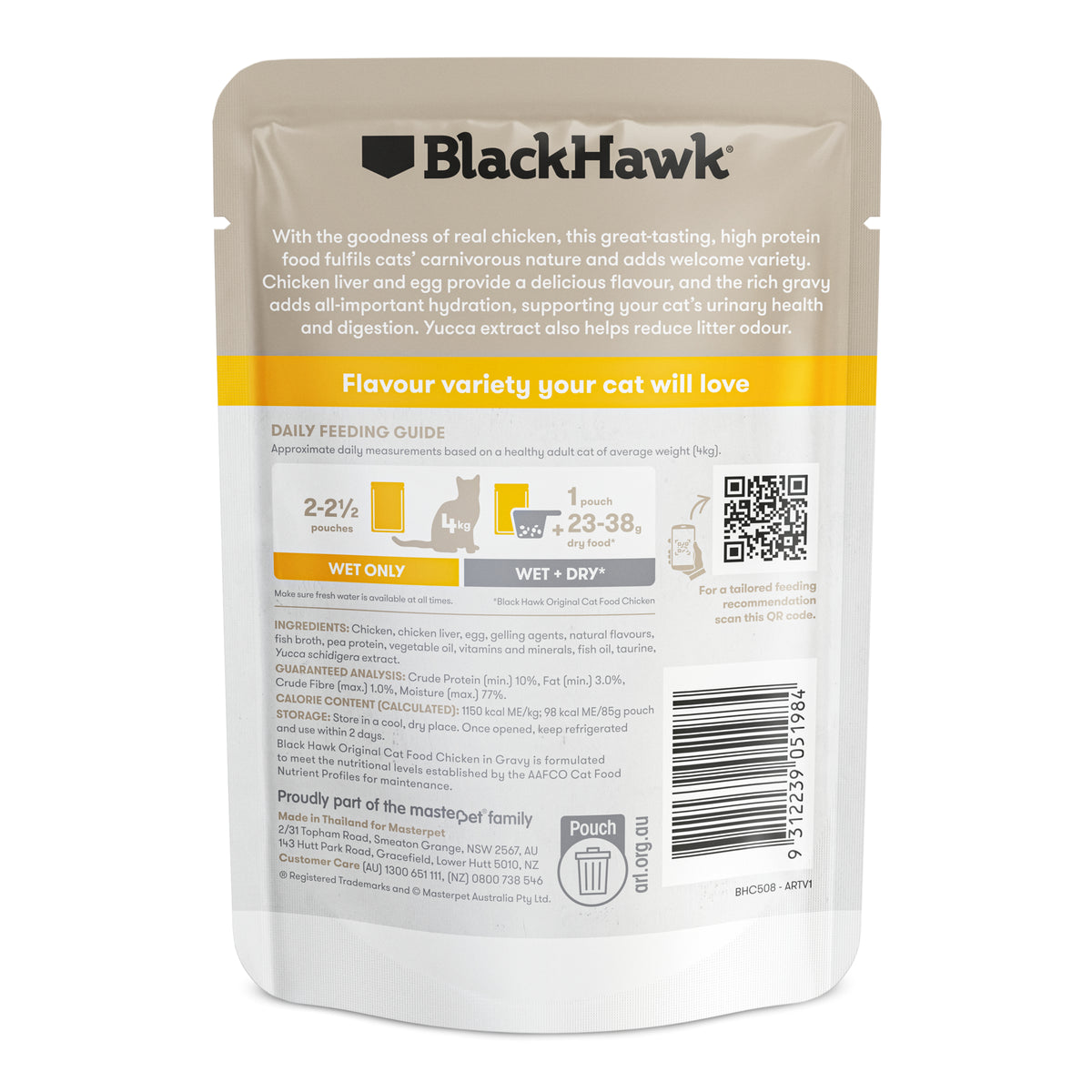 Black Hawk Original Adult Chicken 85g pouch – back with feeding guide and ingredients