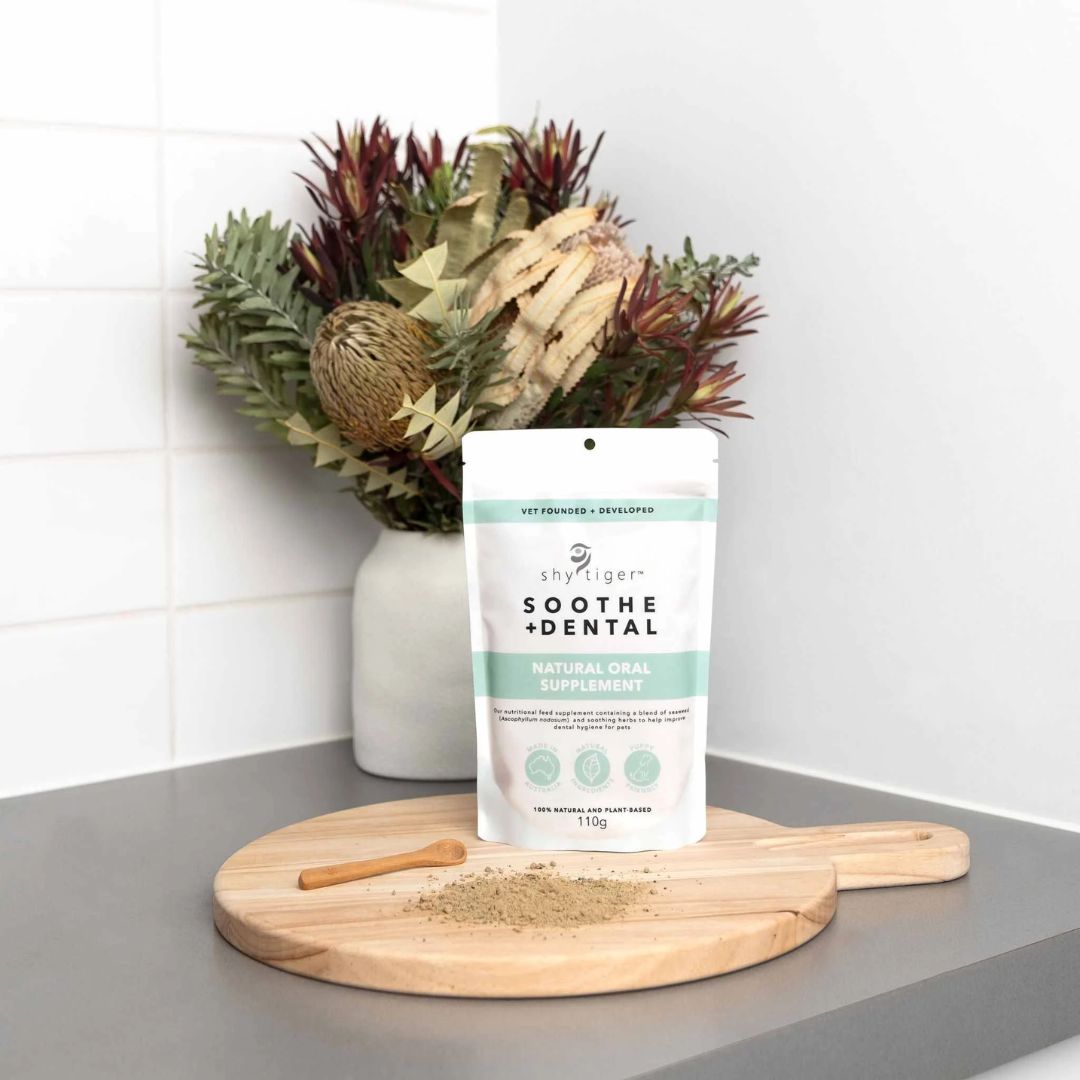 Shy Tiger Soothe + Dental Natural Oral Supplement -110g | PeekAPaw Pet Supplies