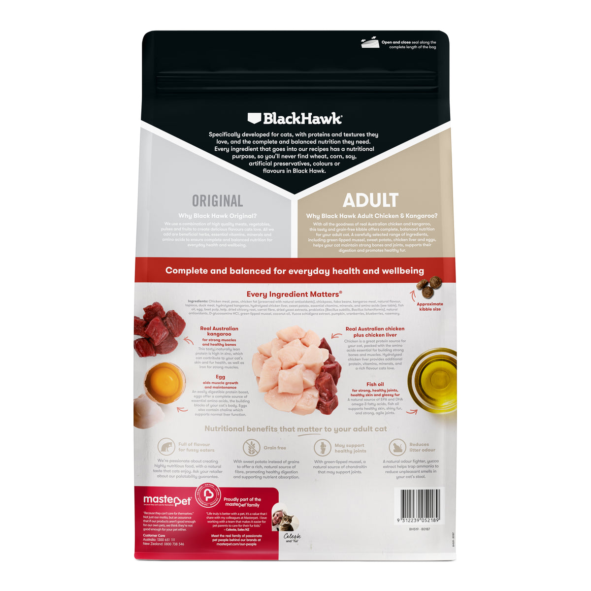 Black Hawk Original Adult Chicken & Kangaroo dry cat food – back of pack with ingredients and benefits