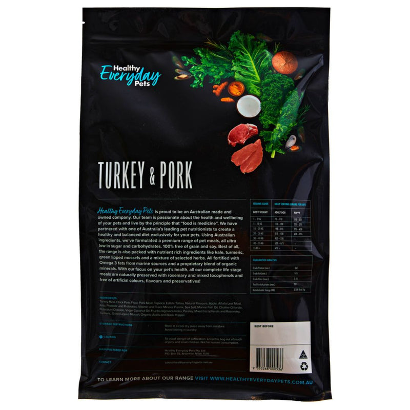 Healthy Everyday Pets Dry Dog Food Turkey & Pork - Back | PeekAPaw Pet Supplies