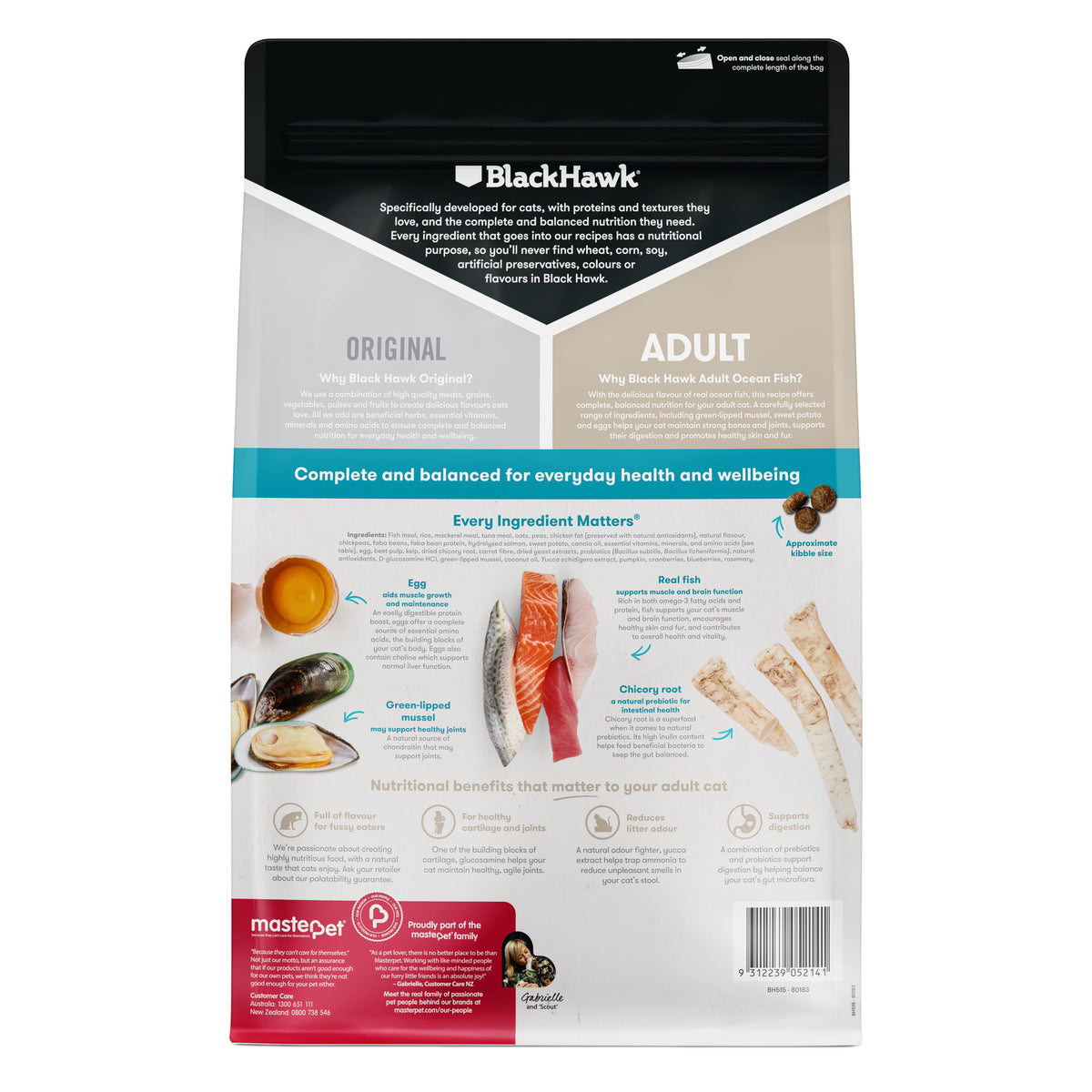 Black Hawk Original Adult Ocean Fish dry cat food – back of pack with ingredients and benefits