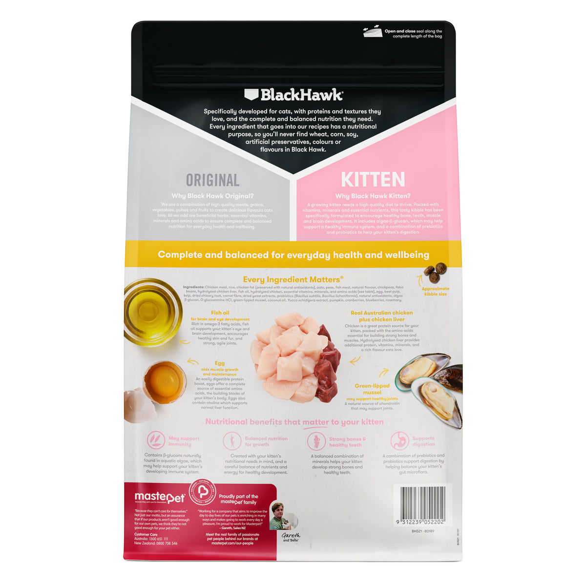Black Hawk Original Kitten Chicken dry cat food – back of pack with ingredients and benefits