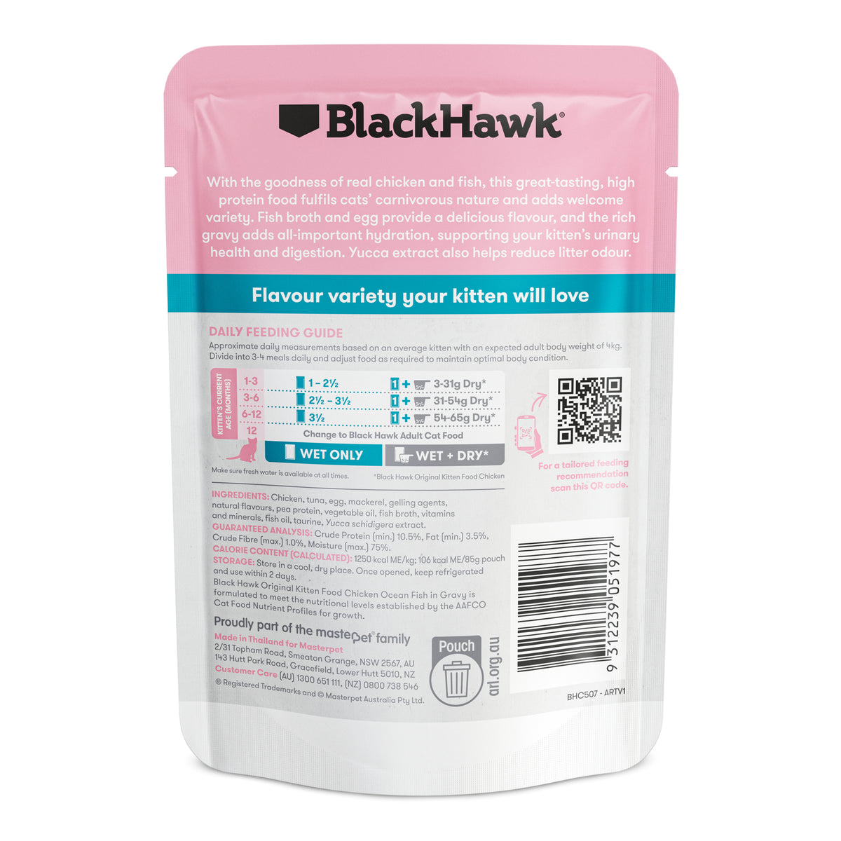 Black Hawk Original Kitten Chicken & Ocean Fish 85g pouch – back with feeding guide and ingredients