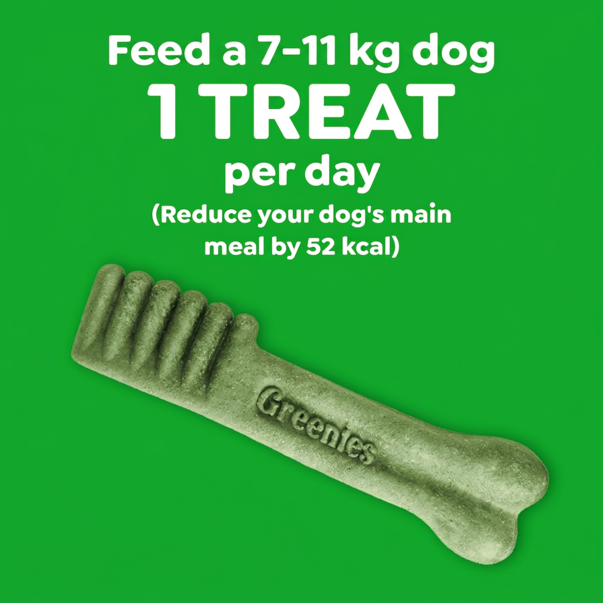 GREENIES feeding guide: one treat a day for a 7 to 11kg dog, reduce the main meal by 52 kcal