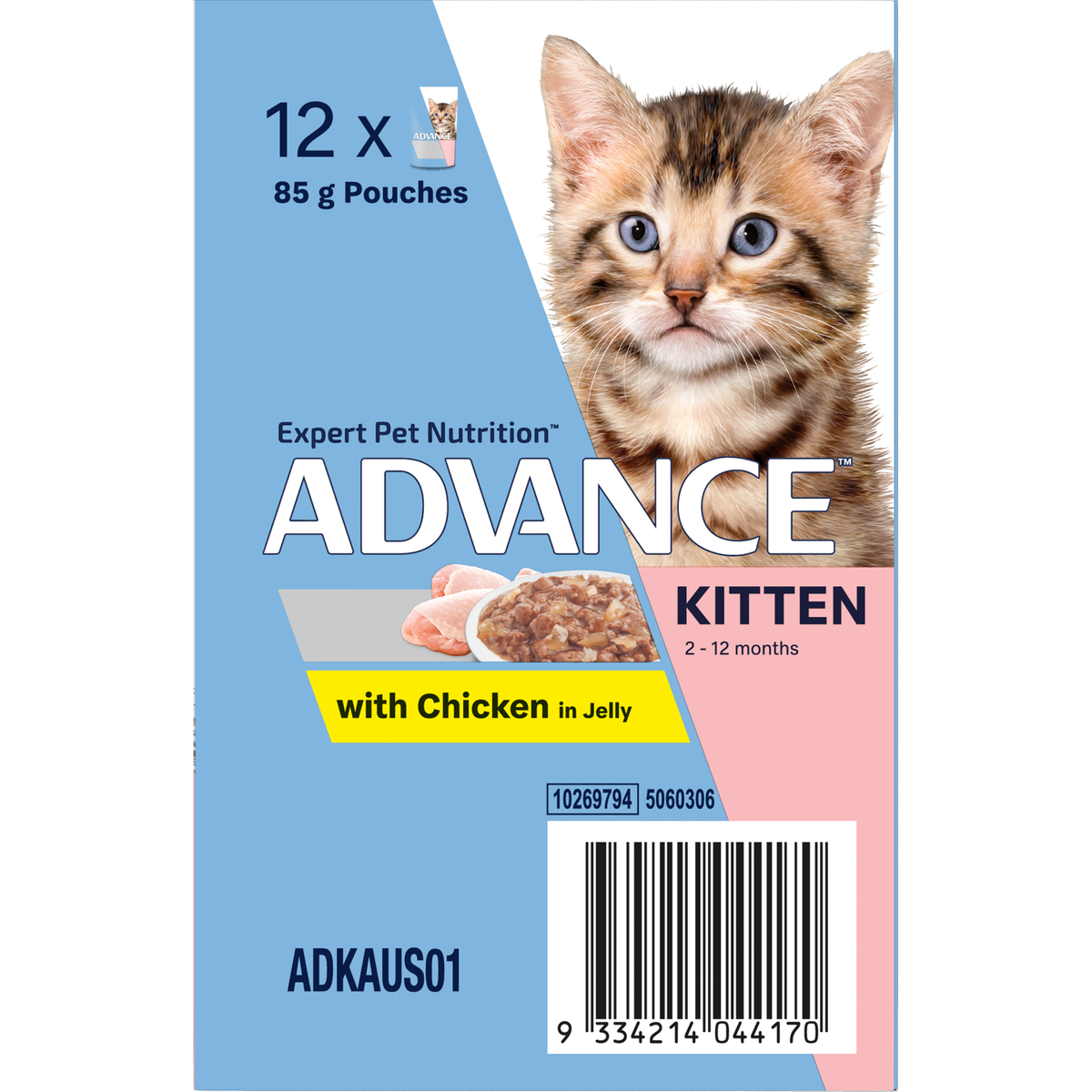 Back of the ADVANCE Kitten with Chicken in Jelly 12 x 85g pouch sleeve