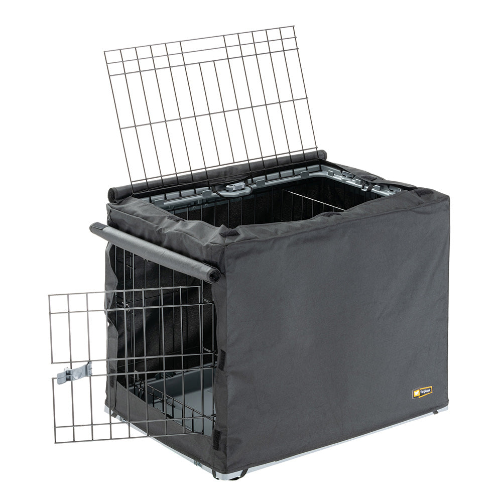 Ferplast Superior dog crate cover half fitted, showing the crate mesh underneath | PeekAPaw Pet Supplies