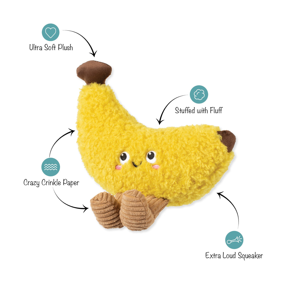 Fringe Studio Plush Squeaker Dog Toy - Head Over Peels for You — feature callouts