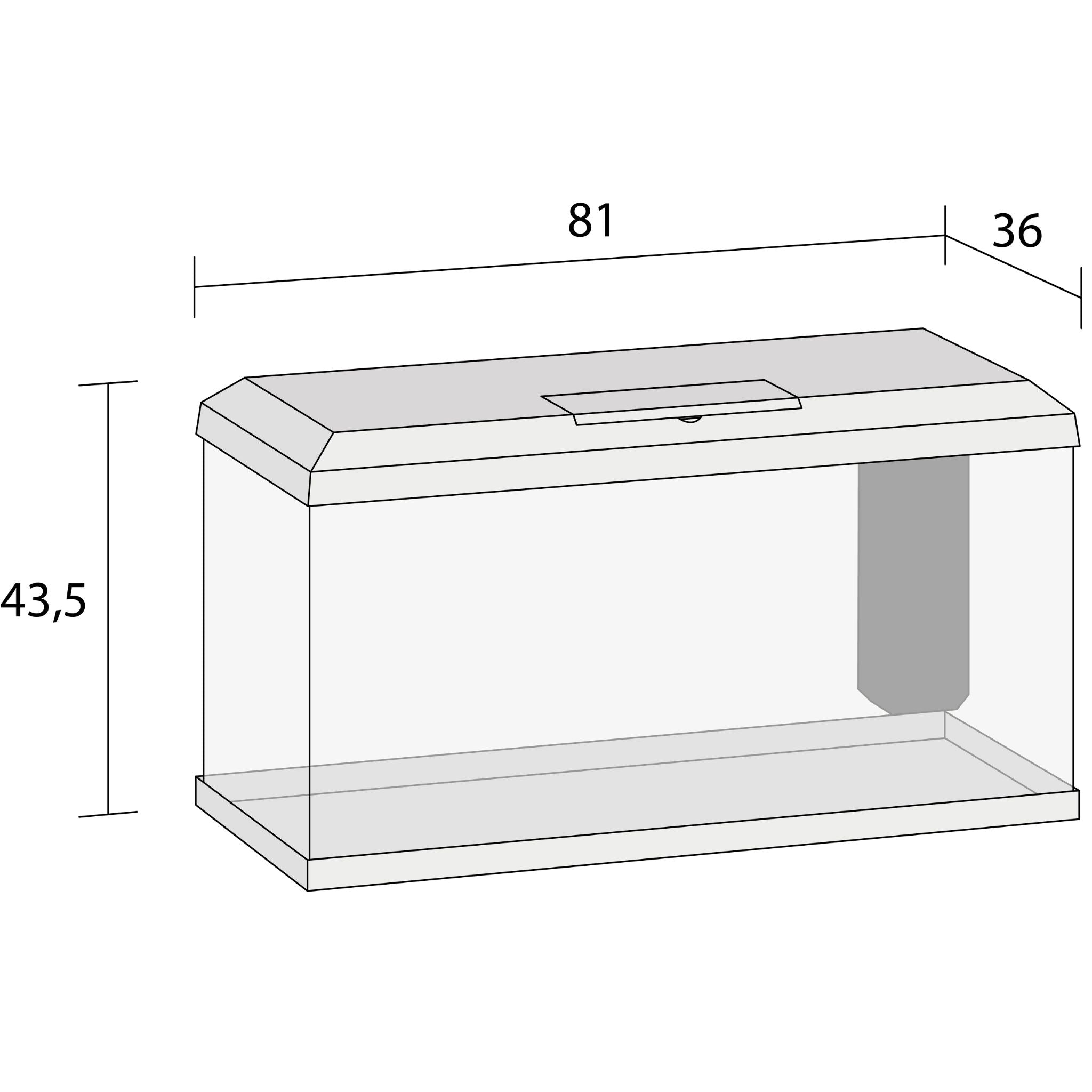 Dimension drawing of the Juwel Primo 110L aquarium, 81 by 36 by 43.5cm