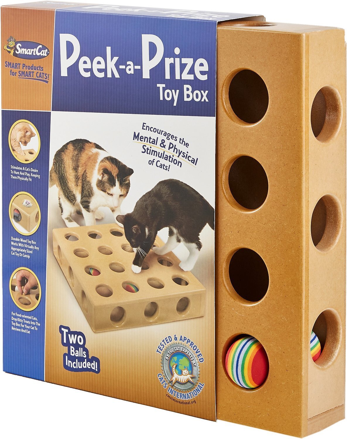 SmartCat Peek-a-Prize wooden cat toy box with holes on top