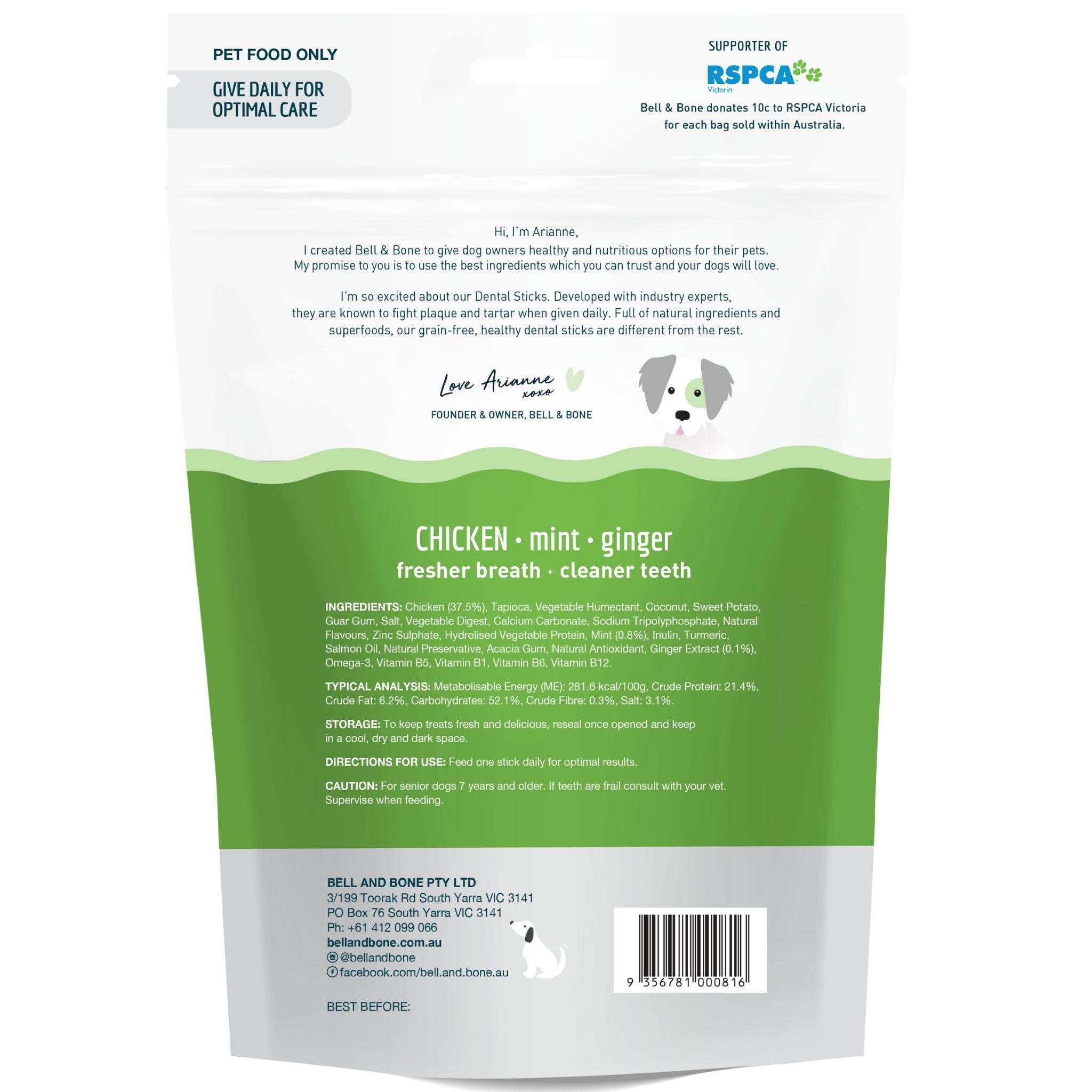 Bell and Bone Dental Sticks for Senior Dogs - Chicken, Mint and Ginger