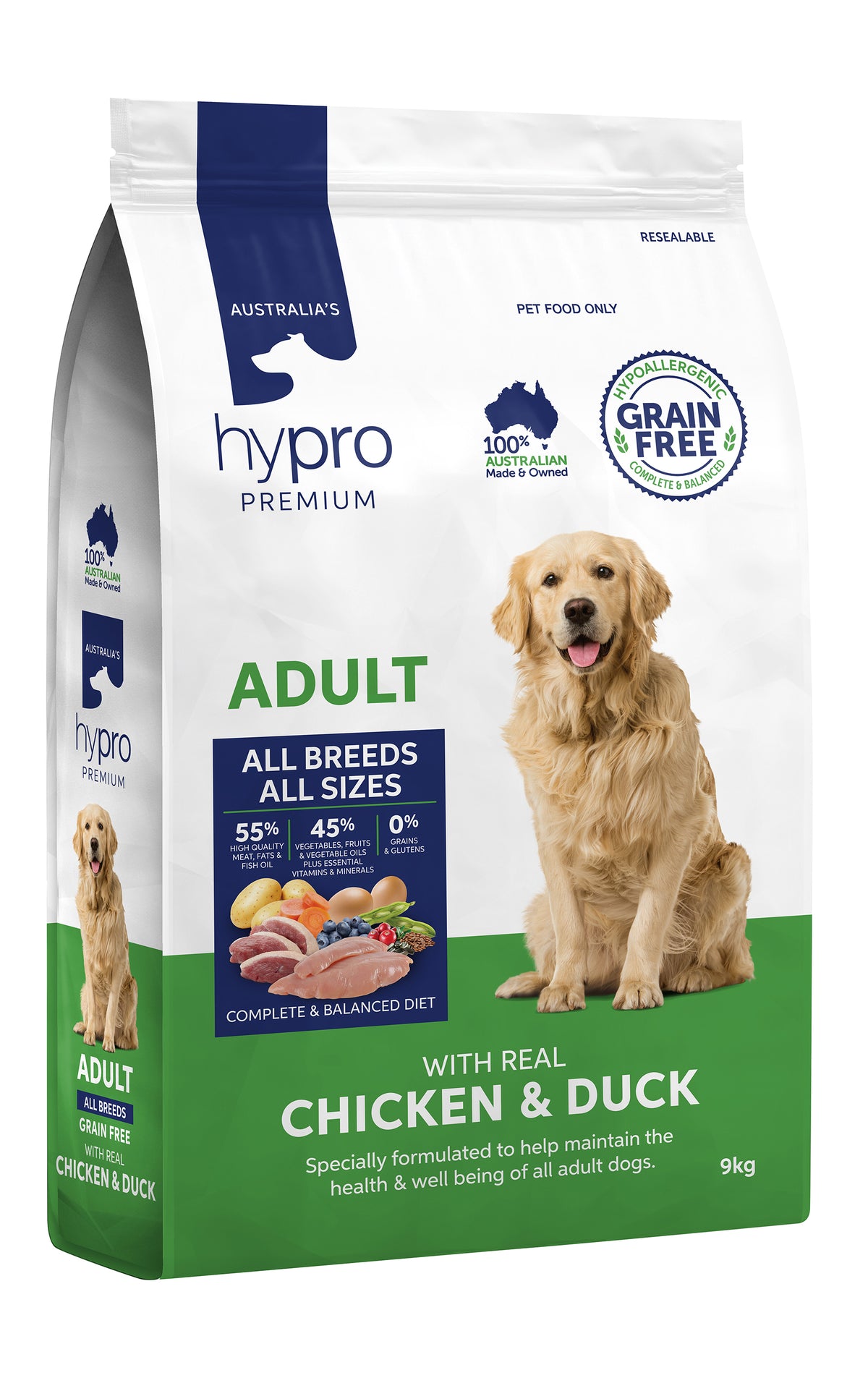 Front of the 9kg Hypro Premium Grain Free Chicken & Duck adult dog food bag