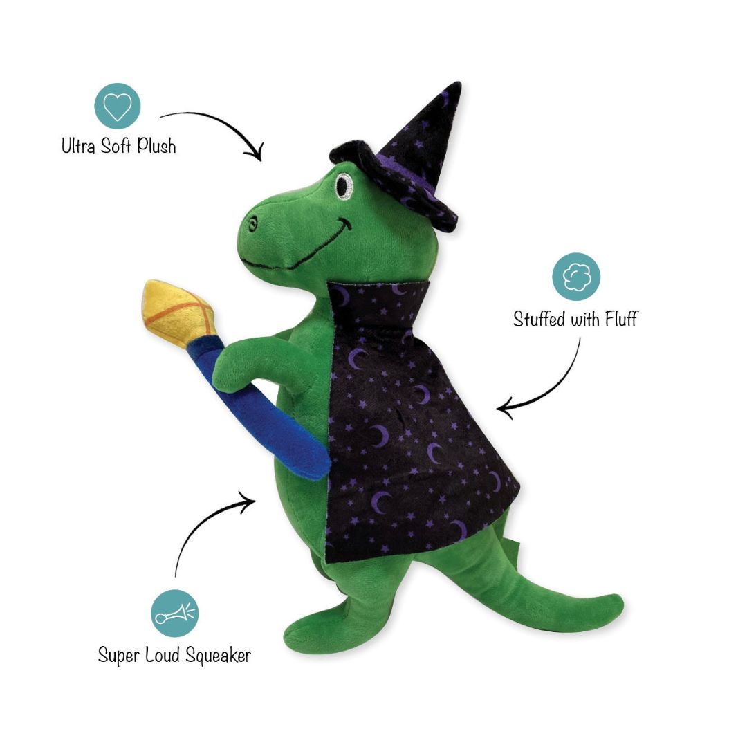 Fringe Studio Halloween Plush Squeaker Dog Toy - Spell-A-Saurus Dino Witch | PeekAPaw Pet Supplies