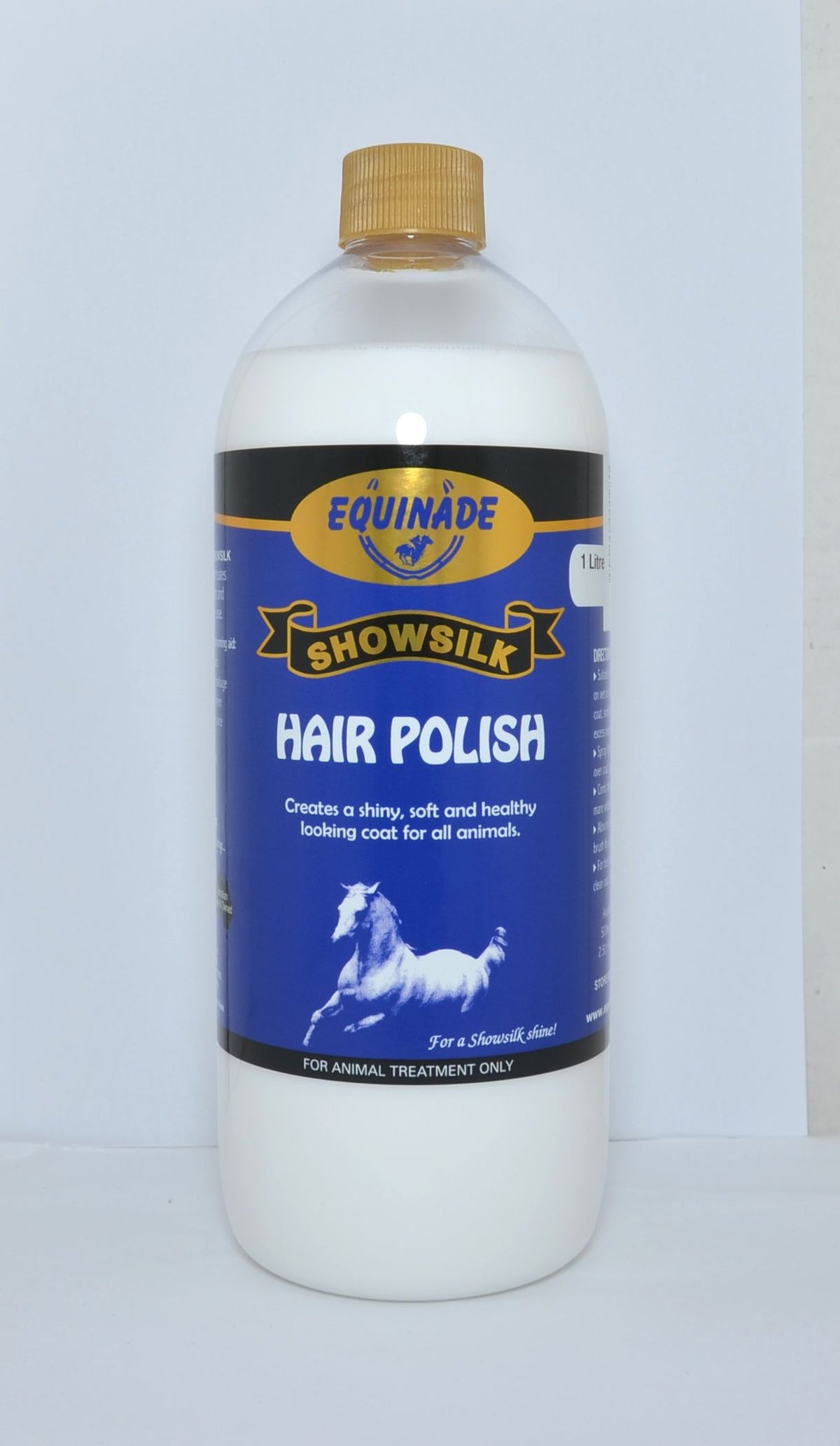 Equinade Showsilk Hair Polish in a 1 litre bottle with the blue Showsilk label