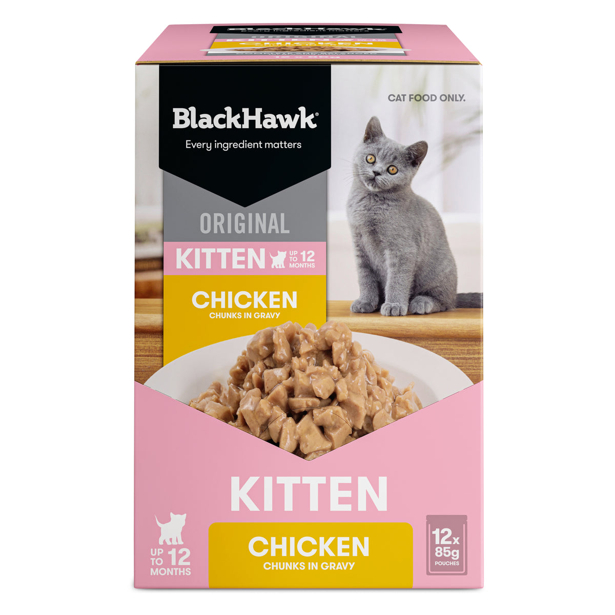 Black Hawk Original Kitten Chicken in gravy carton of 12 x 85g pouches – front