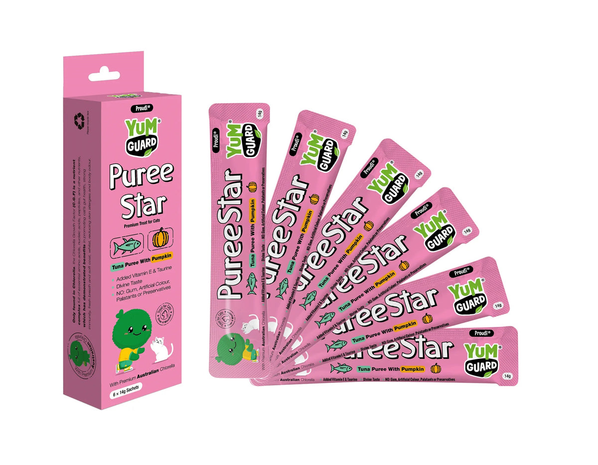 YumGuard Puree Star Tuna with Pumpkin cat treats – box of 6 x 14g sachets with sachets fanned out