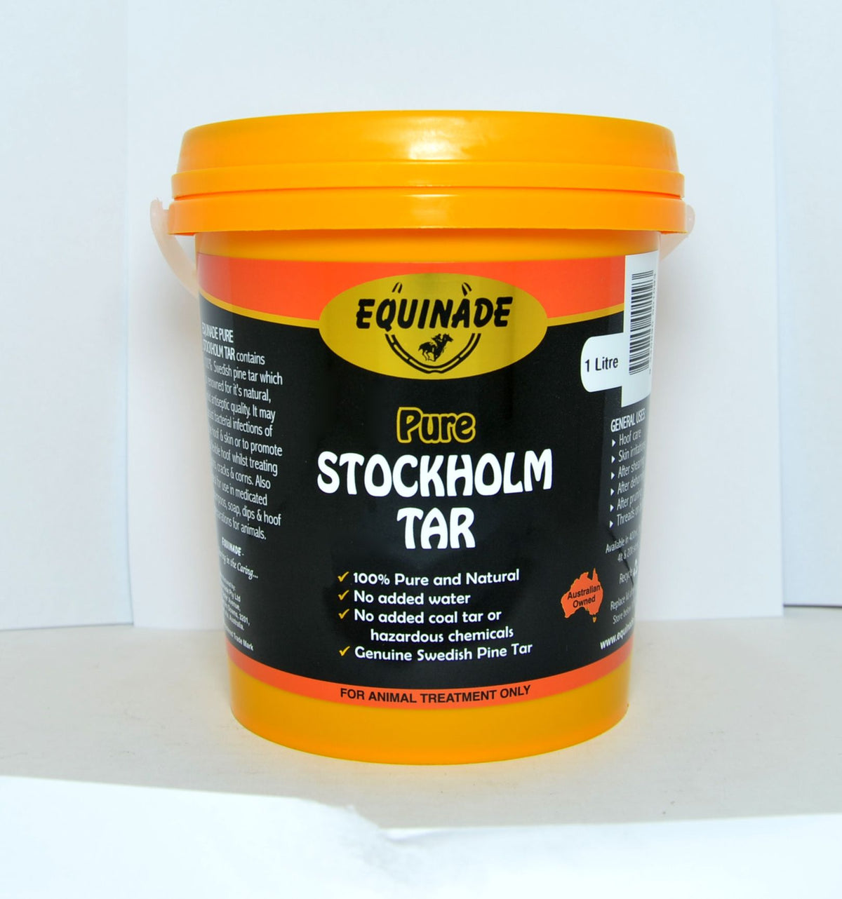 Equinade Pure Stockholm Tar in a 1 litre orange pail with the black Equinade label