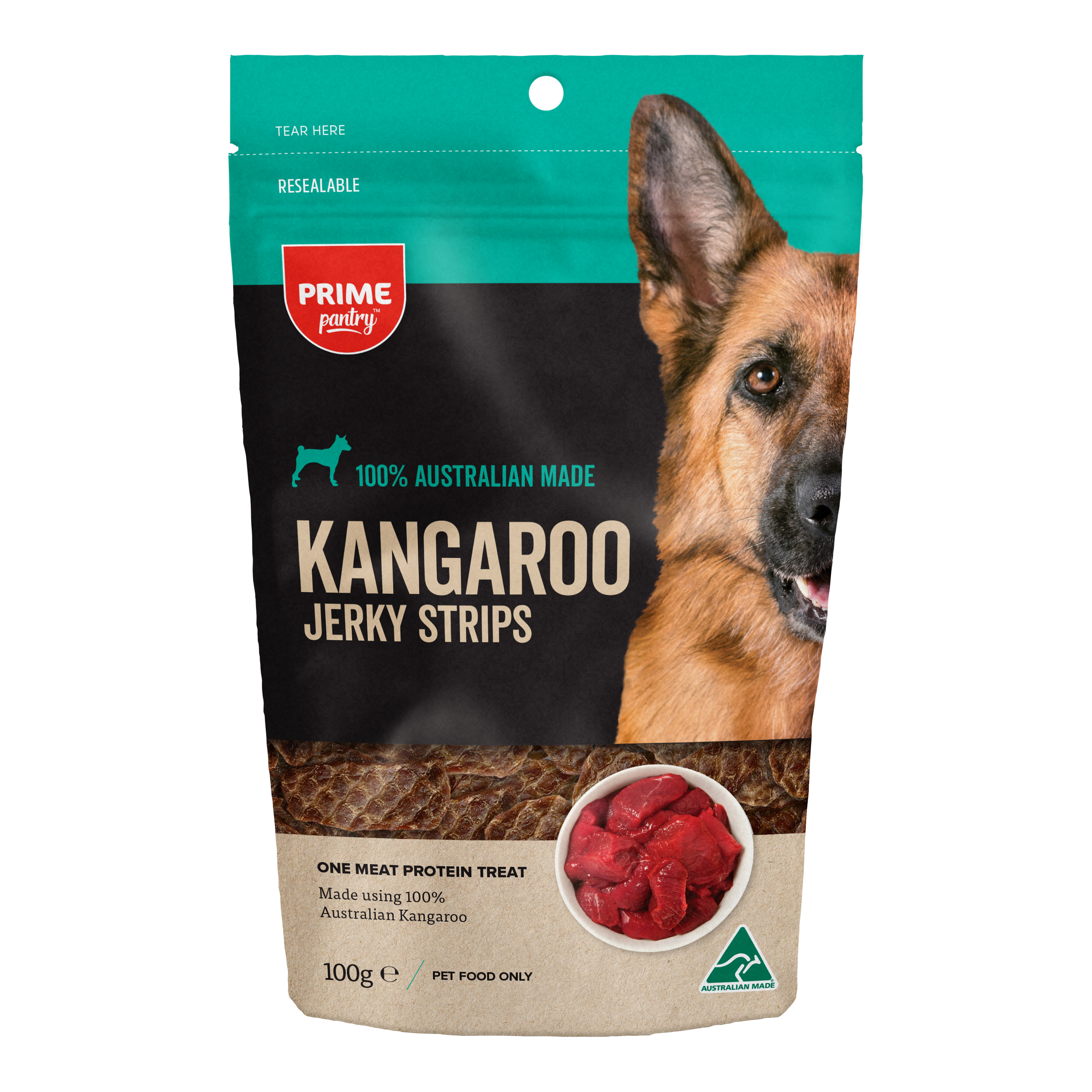 Prime100 SPT Dog Treats Kangaroo Jerky Strips front of pack
