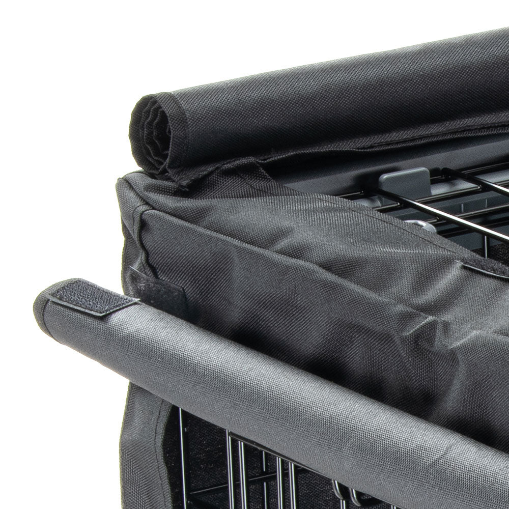 Close-up of the roll-up window on the Ferplast Superior crate cover rolled and secured | PeekAPaw Pet Supplies