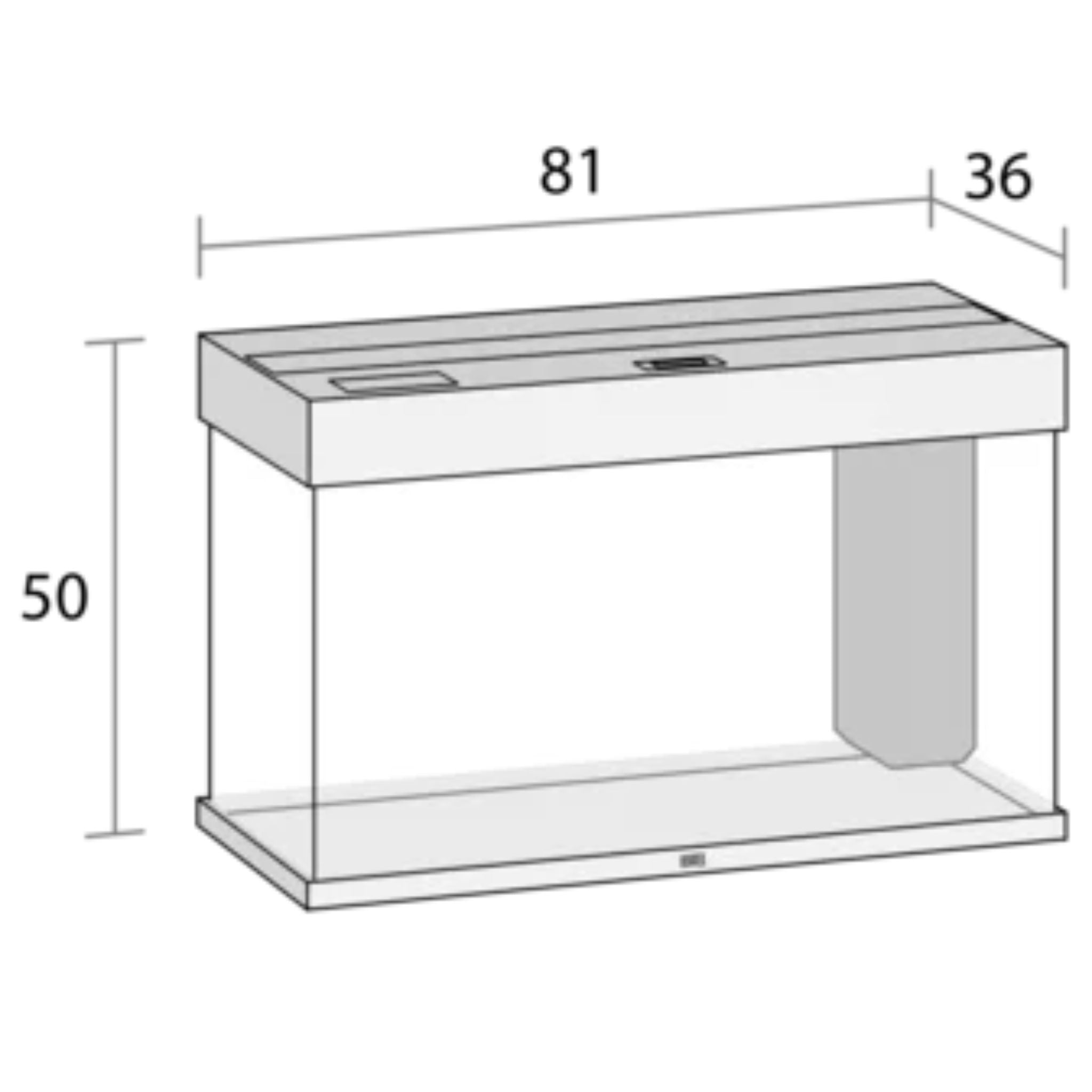 Dimension drawing of the Juwel RIO 125L aquarium and cabinet, 81 by 36 by 50cm