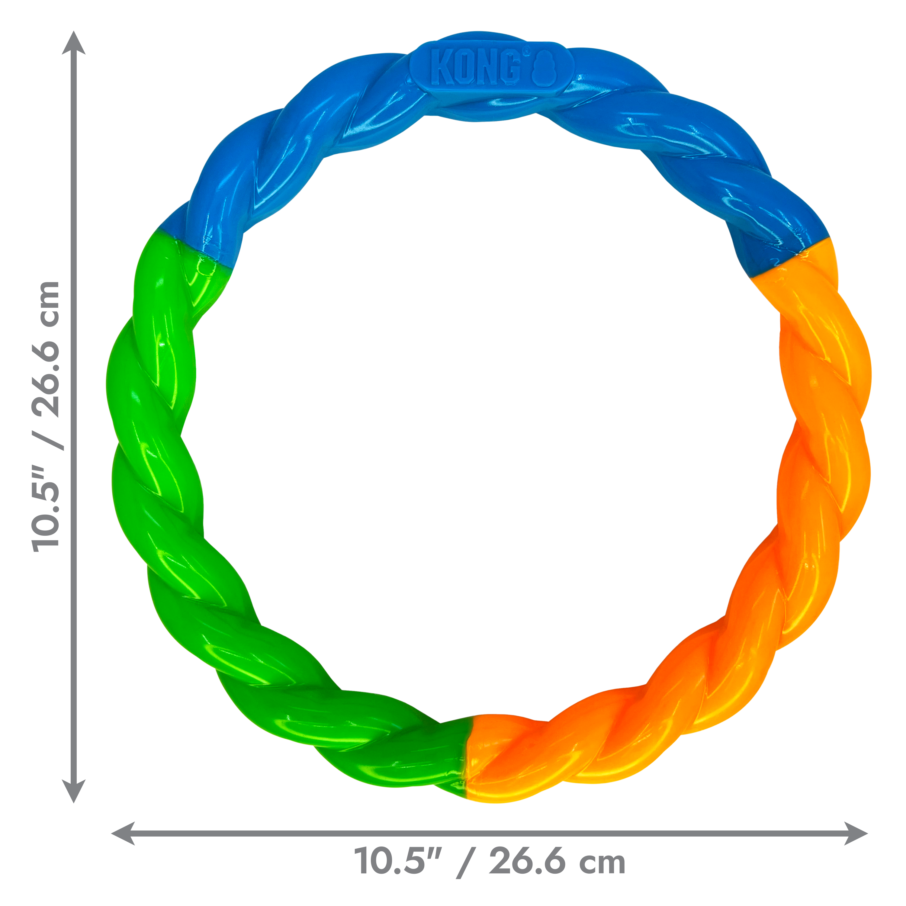 KONG Dog Toys Twistz High-Viz Ring shown with its dimensions labelled