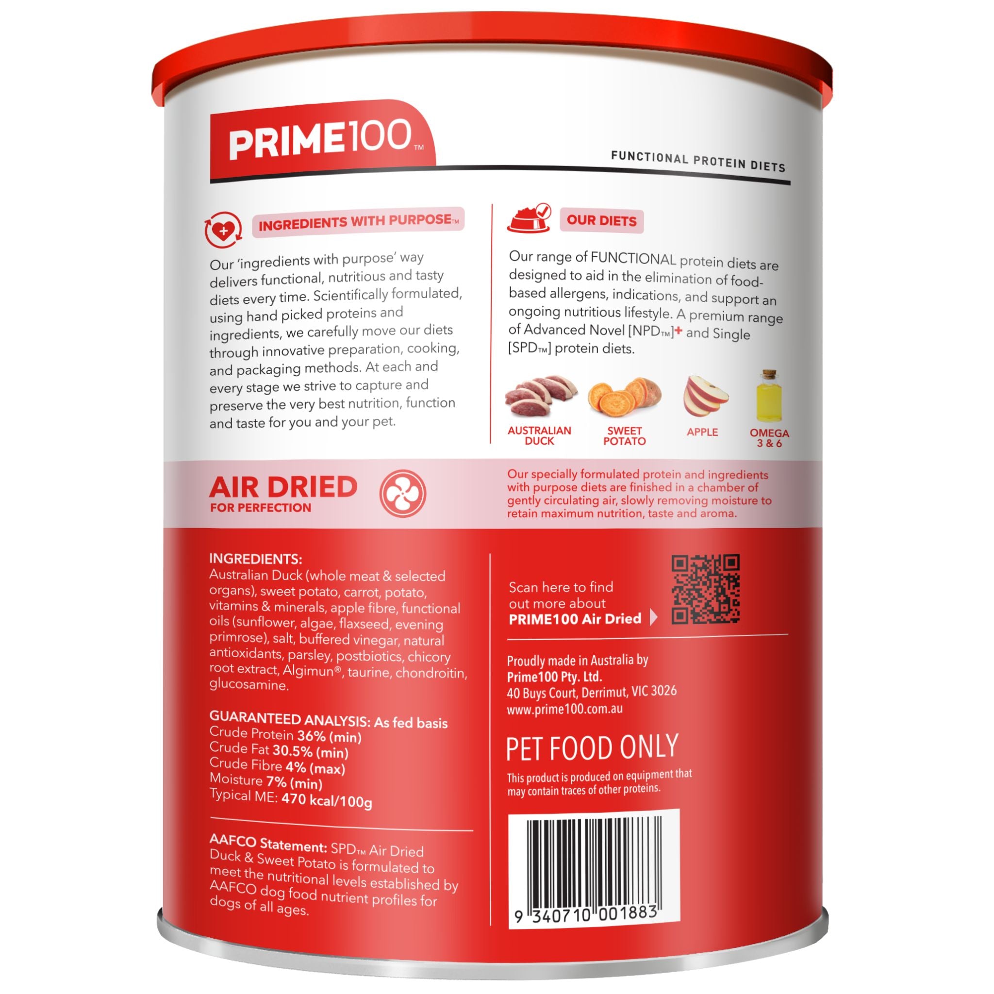 Prime100 SPD Air Dry Dog Food for Adult Duck & Sweet Potato