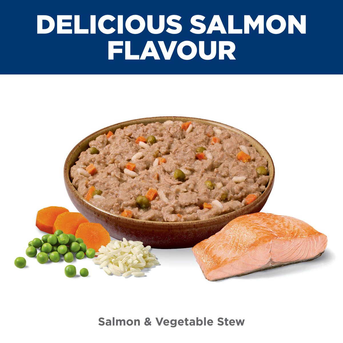 Delicious salmon flavour: bowl of Hill's Puppy salmon and vegetable stew with peas and carrots