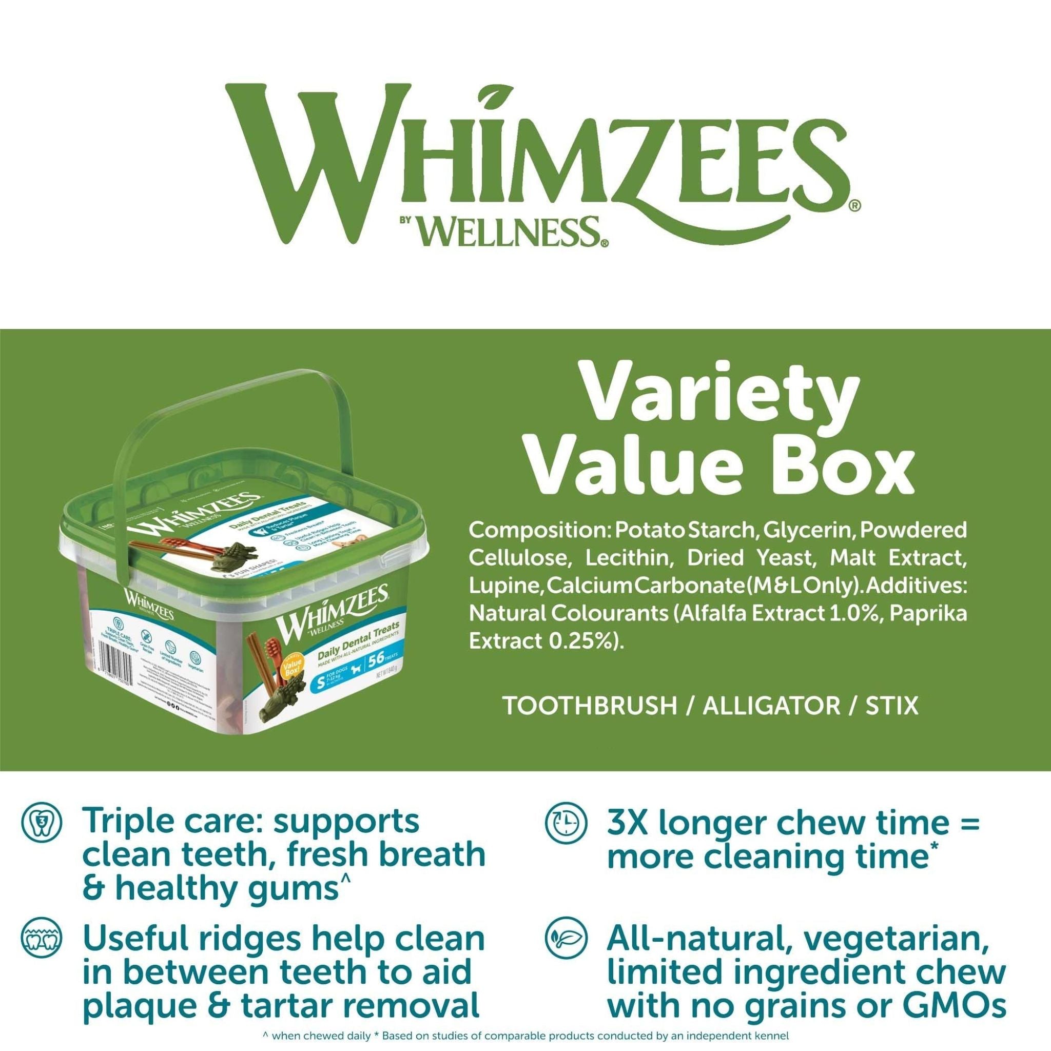 Whimzees Dental Dog Treats Variety Boxes - Alligator + Stix + Toothbrush