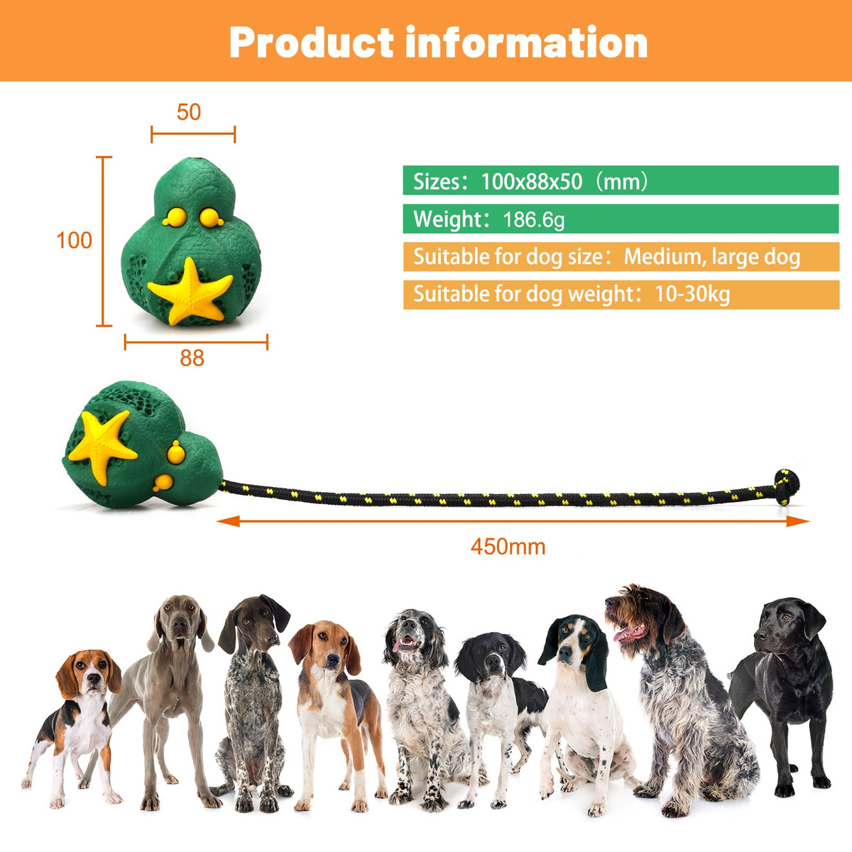 Petopia Reef Octopus dog toy product information with size and rope length