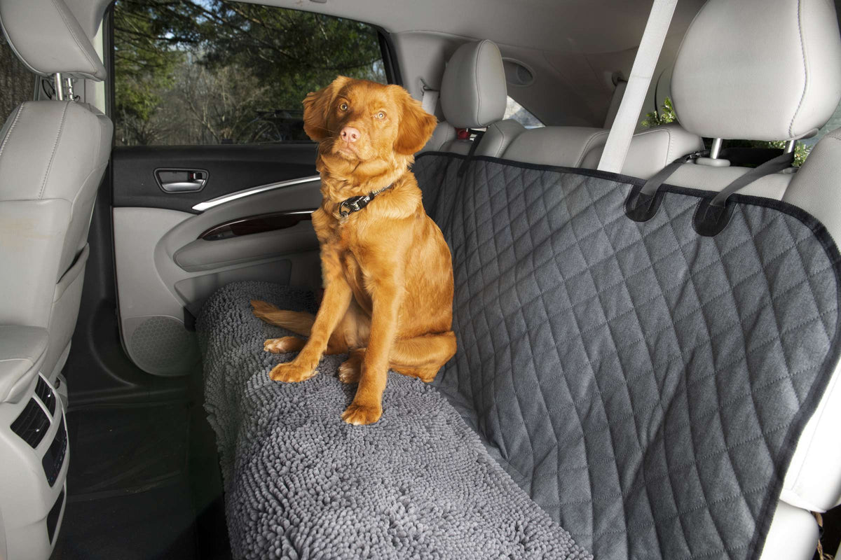 DGS Dirty Dog 3-in-1 car seat cover in Cool Grey with a dog sitting on the back seat