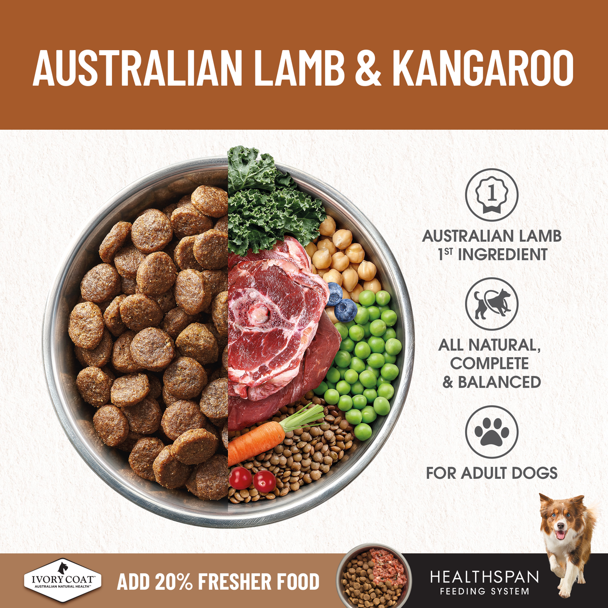 Ivory Coat Australian lamb and kangaroo as first ingredients, shown with kibble and vegetables